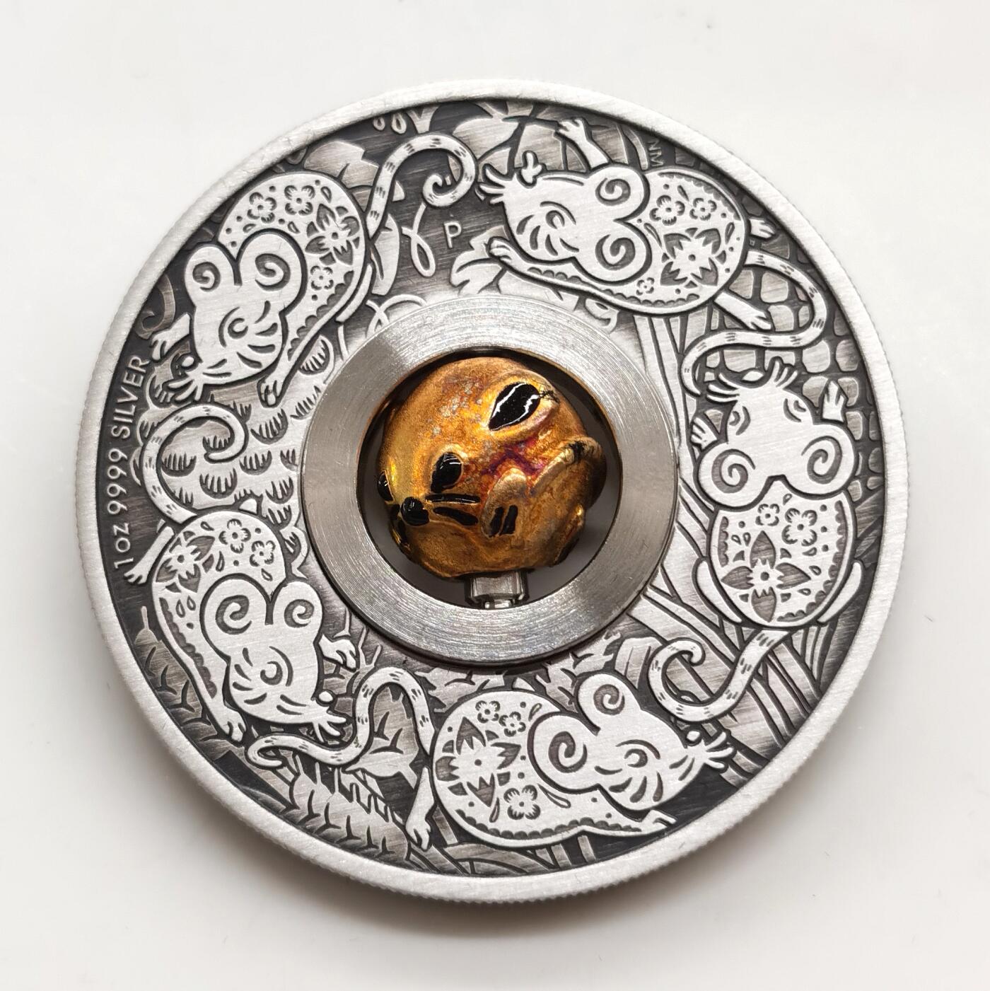 博洋堂世界钱币拍卖第168期（全场包邮） 图瓦卢2020年1元镀金可动仿古银币 旋转魅力中国农历生肖系列-鼠年 1盎司999银（可动老鼠镀18K金） 发行量：3千 盒证全 珀斯造币厂