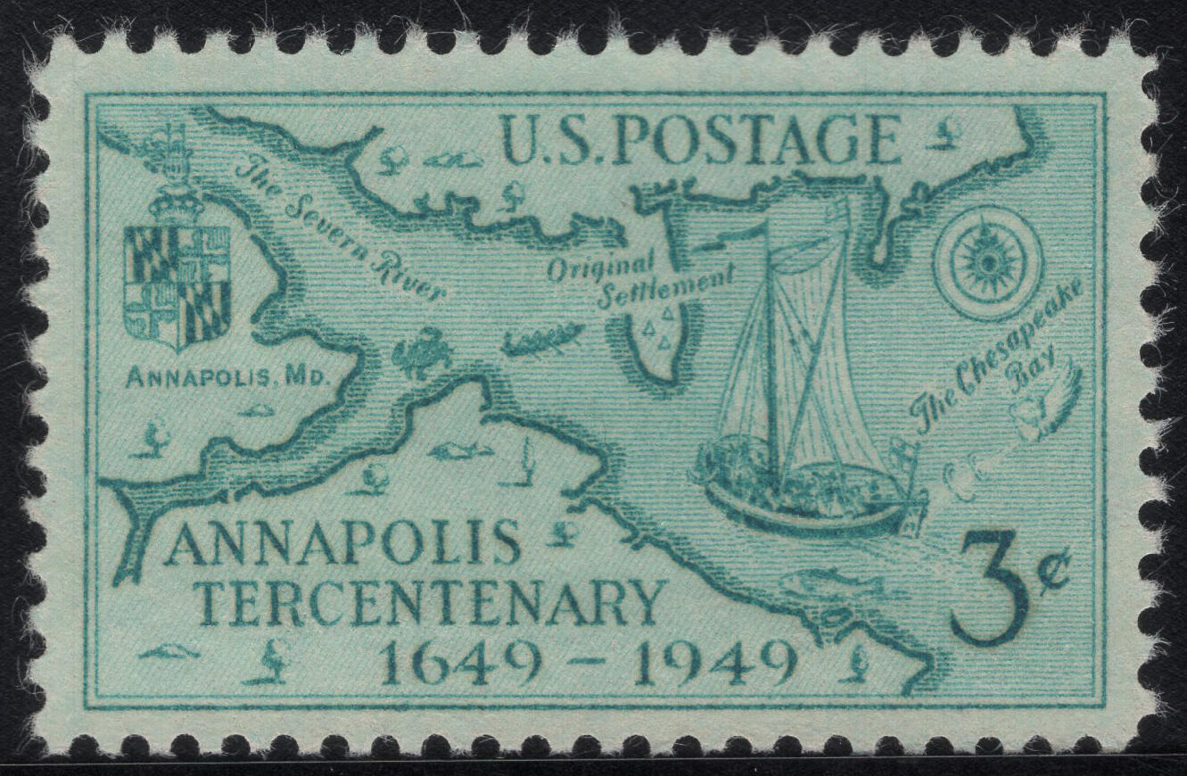 洪涛臻品批发群 精选邮票限时拍卖第1316期  1949美国安纳波利斯300年-地图与市徽与帆船 1全新 雕刻版原胶全品！