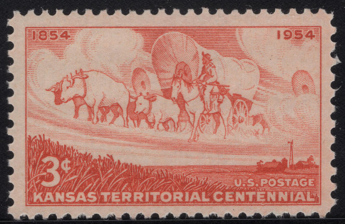 洪涛臻品批发群 精选邮票限时拍卖第1316期  1954美国堪萨斯州农场风景-大篷车牛车1全新 雕刻版原胶全品！