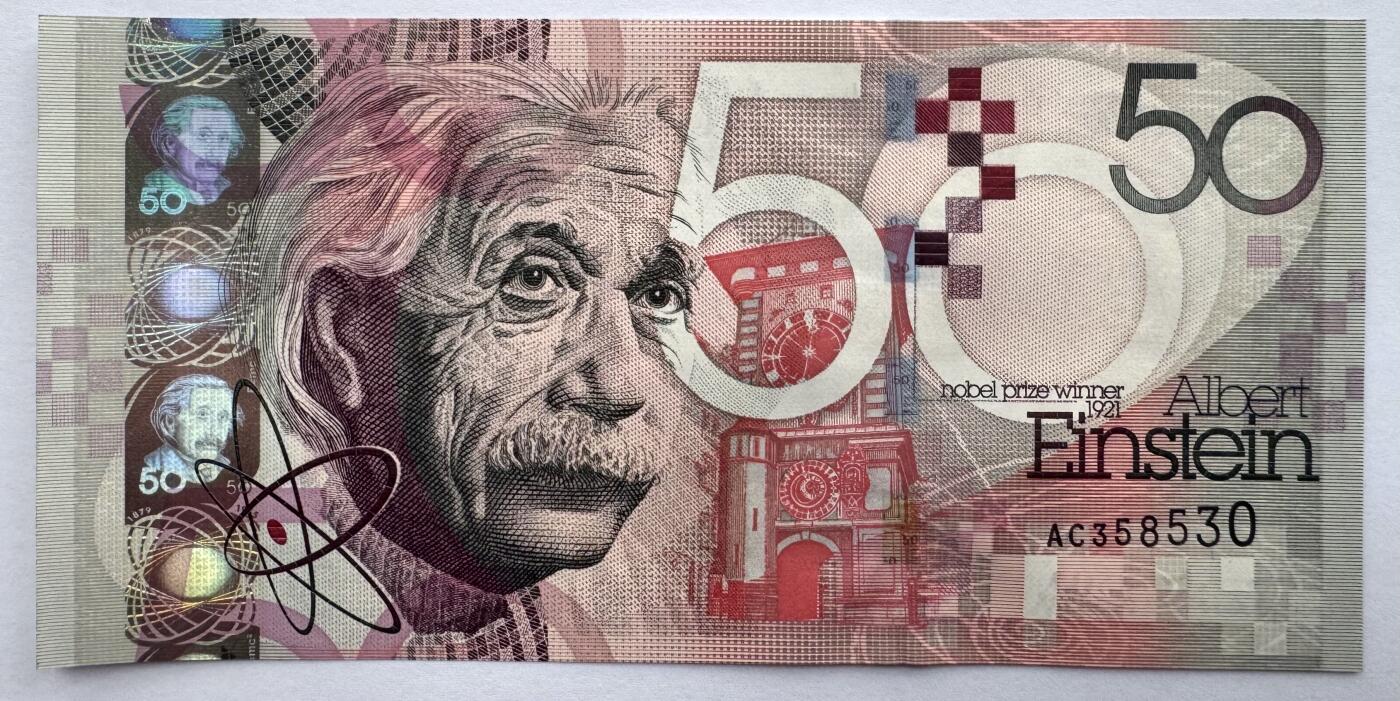 2026第7场（总第234期）：精品外钞、塑料钞、测试钞综合场  德纳罗DLR“爱因斯坦”50面额DepthThread®景深安全线测试钞UNC（全程无47）