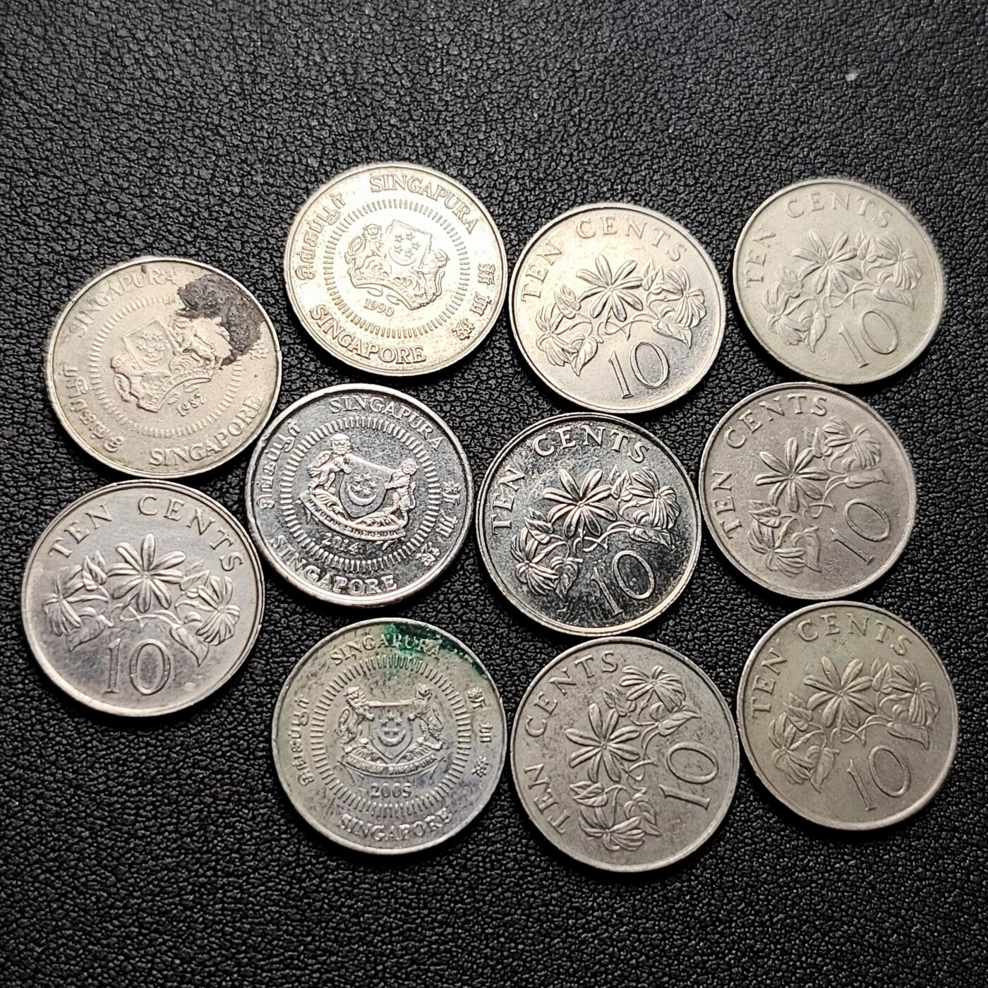 泉币菌-第226场-拍品多 请提前出价 高币值一组11枚 新加坡10分 络石花铜镍币