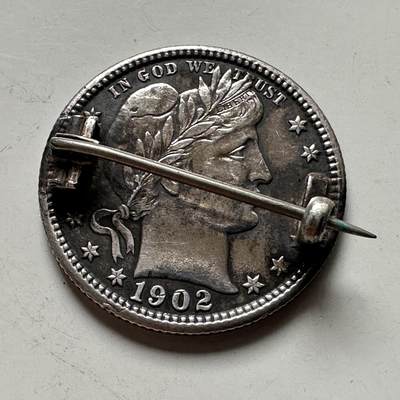 🌹外币初藏🌹🐯2026年第43场   每周二四六晚8️⃣点  世界硬币 - 美国 1902年 巴伯25分银币胸针 实重 6.7克-24.3毫米-90%银