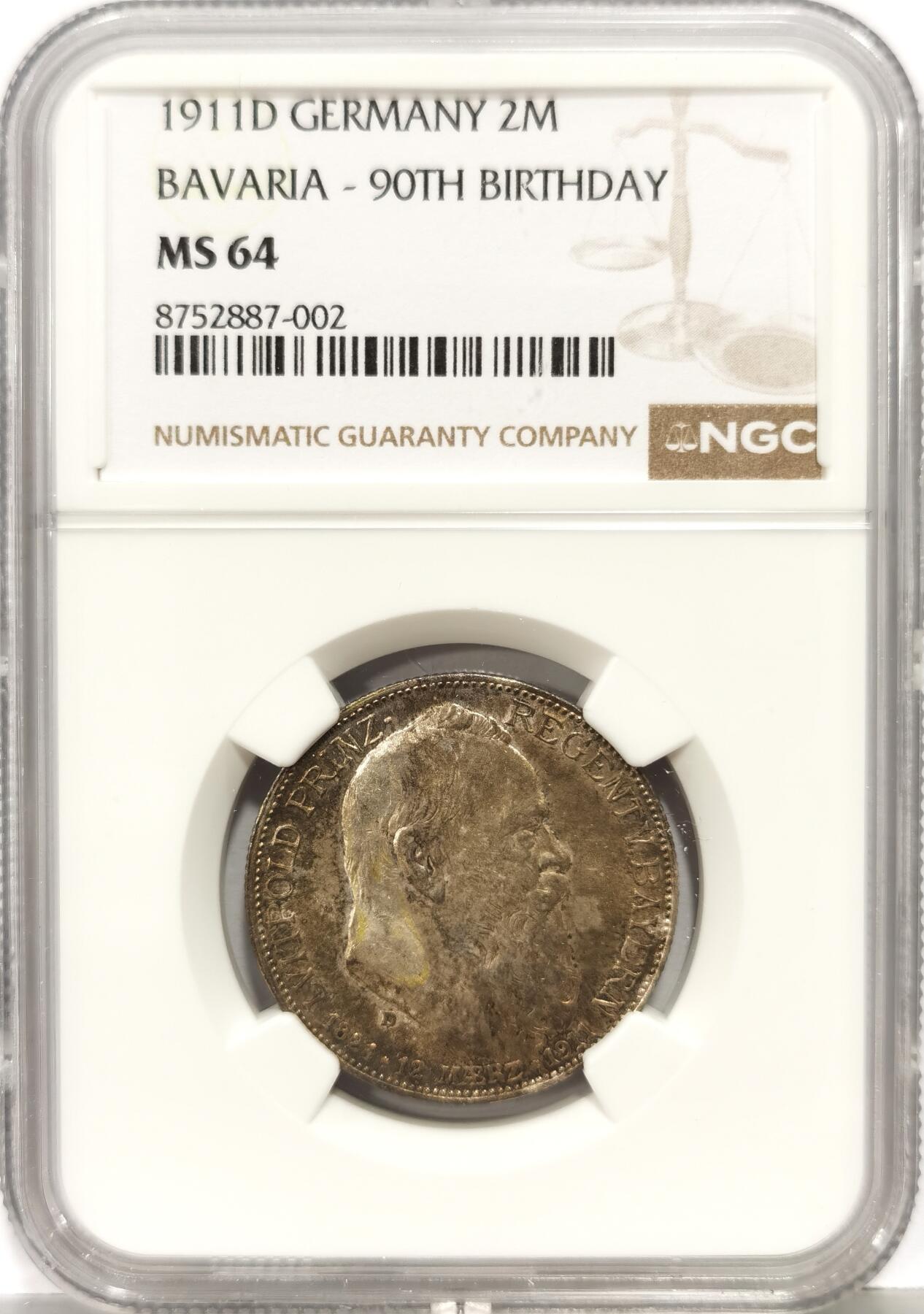 博洋堂世界钱币拍卖第168期（全场包邮） NGC MS64 德国1911年巴伐利亚摄政王90岁纪念2马克银币，极美五彩包浆，丝绸般转光，很好的状态。