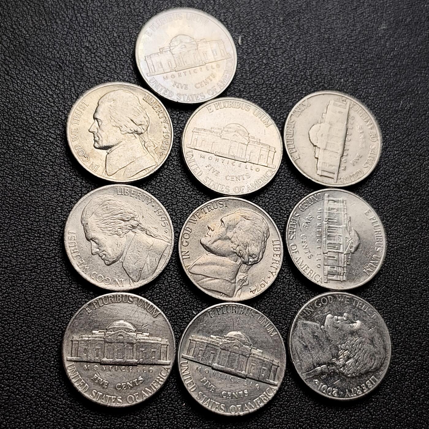 泉币菌-第226场-拍品多 请提前出价 10枚一组 美国杰斐逊纪念币 混合年份