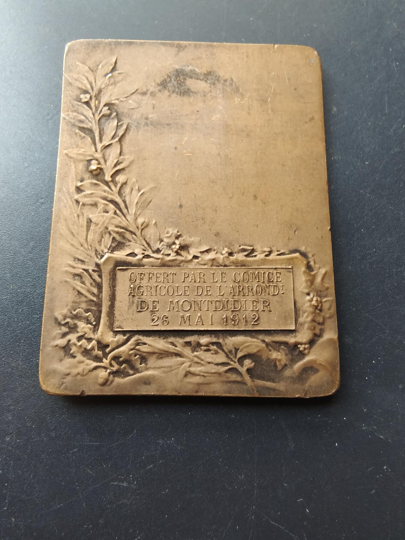 老王徽章第192期 法国1912年蒙迪迪耶农业竞赛方形大铜章      大师Rasmuny作品      尺寸45×60mm     重量71.6g