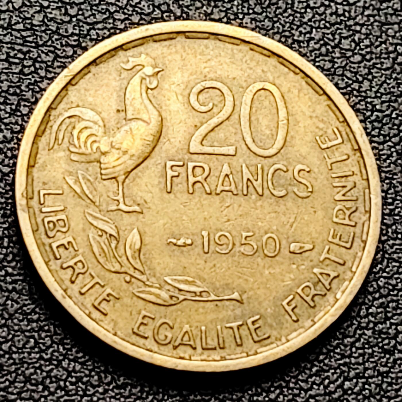 泉币菌-第226场-拍品多 请提前出价 法兰西女神 法国1950年 20法郎铝青铜币 23mm  公鸡 纪念币铜钱