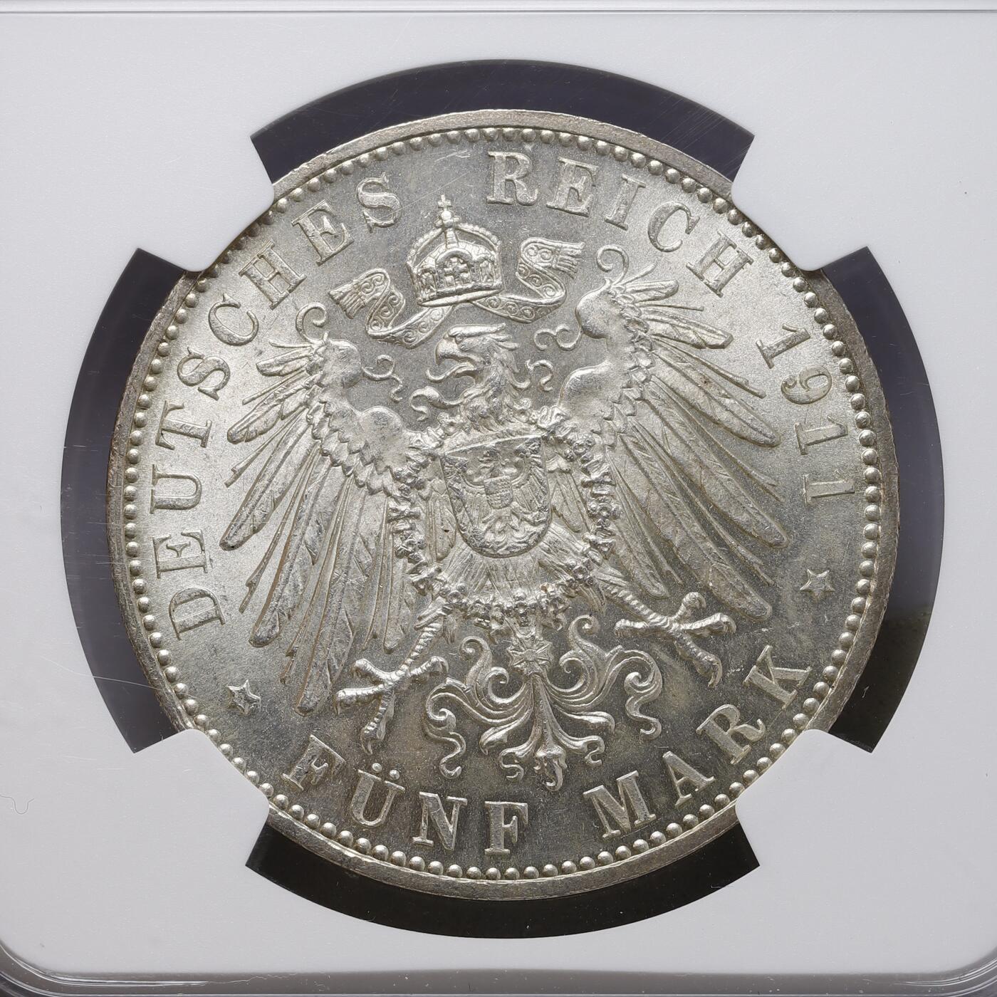 观钱 近现代机制币拍卖No.008（全场顺丰包邮，不区分偏远地区）  NGC-MS64 德国1911年巴伐利亚利奥波德摄政王90大寿5马克大银币 经典的品种 pl底板 丝绸般的转光 足以收藏