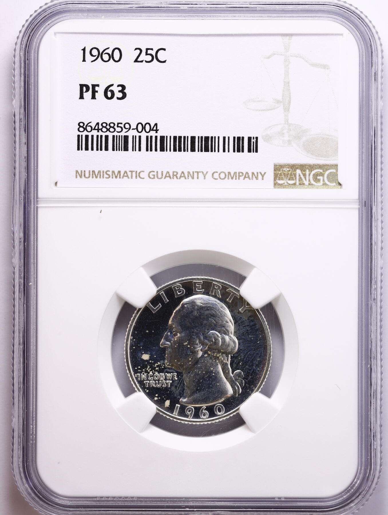 观钱 近现代机制币拍卖No.008（全场顺丰包邮，不区分偏远地区）  1960 年美国 华盛顿 25 分（25C）精制银币 NGC PF63 6.25g 90%银