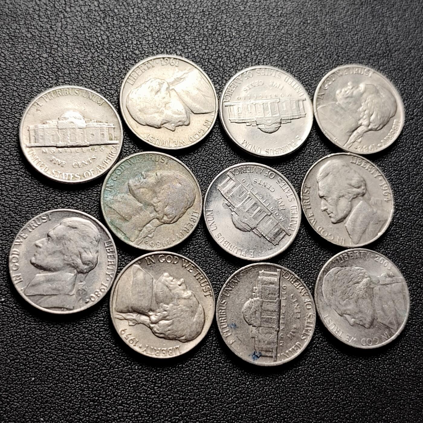 泉币菌-第226场-拍品多 请提前出价 11枚一组 美国杰斐逊纪念币 混合年份