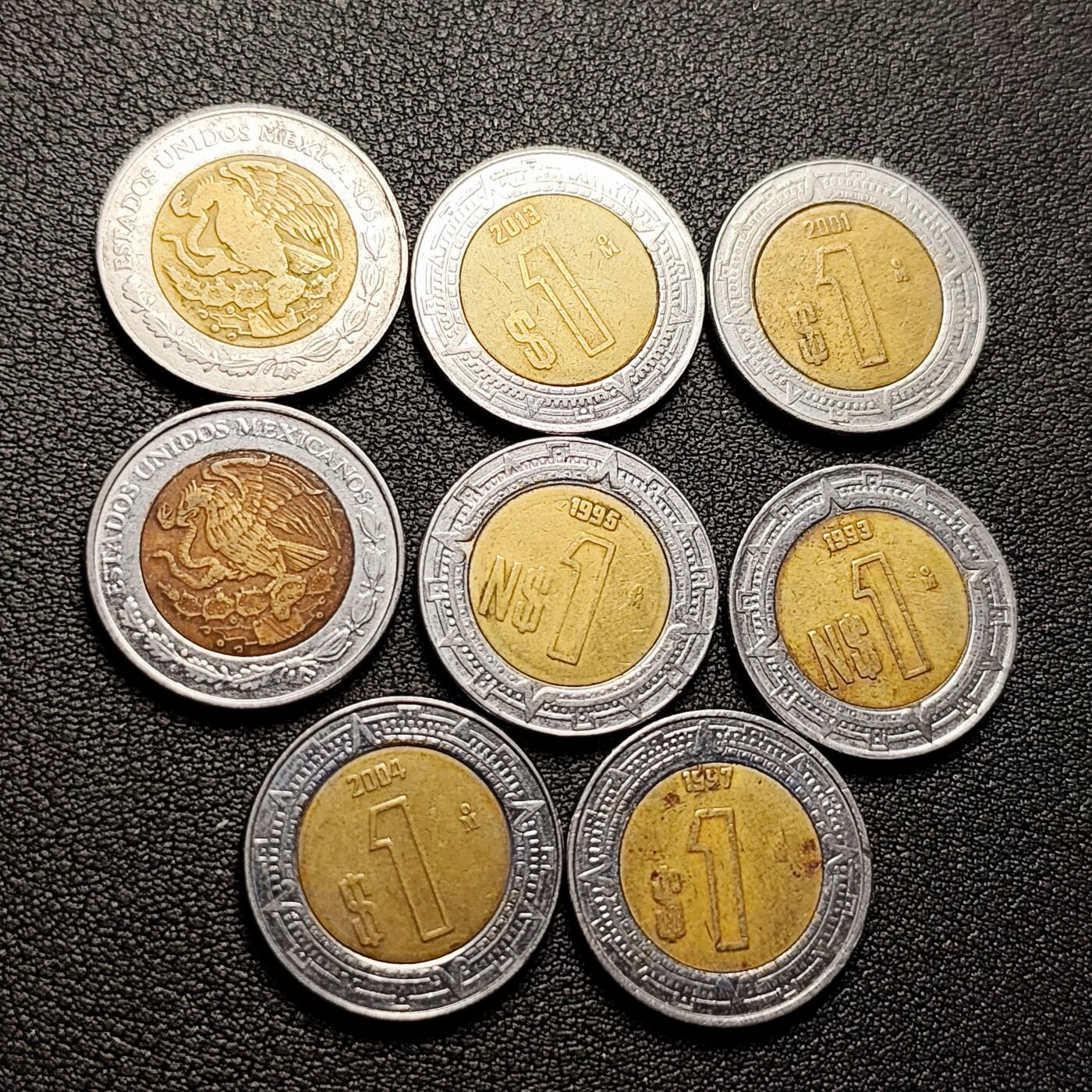 泉币菌-第226场-拍品多 请提前出价 8枚一组 墨西哥1比索双色币 鹰蛇 