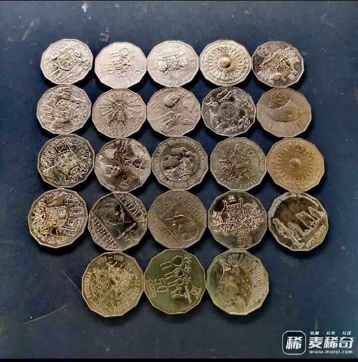 澳大利亚1977-2008年50澳分12边形车轮原光靓品纪念硬币23枚一组