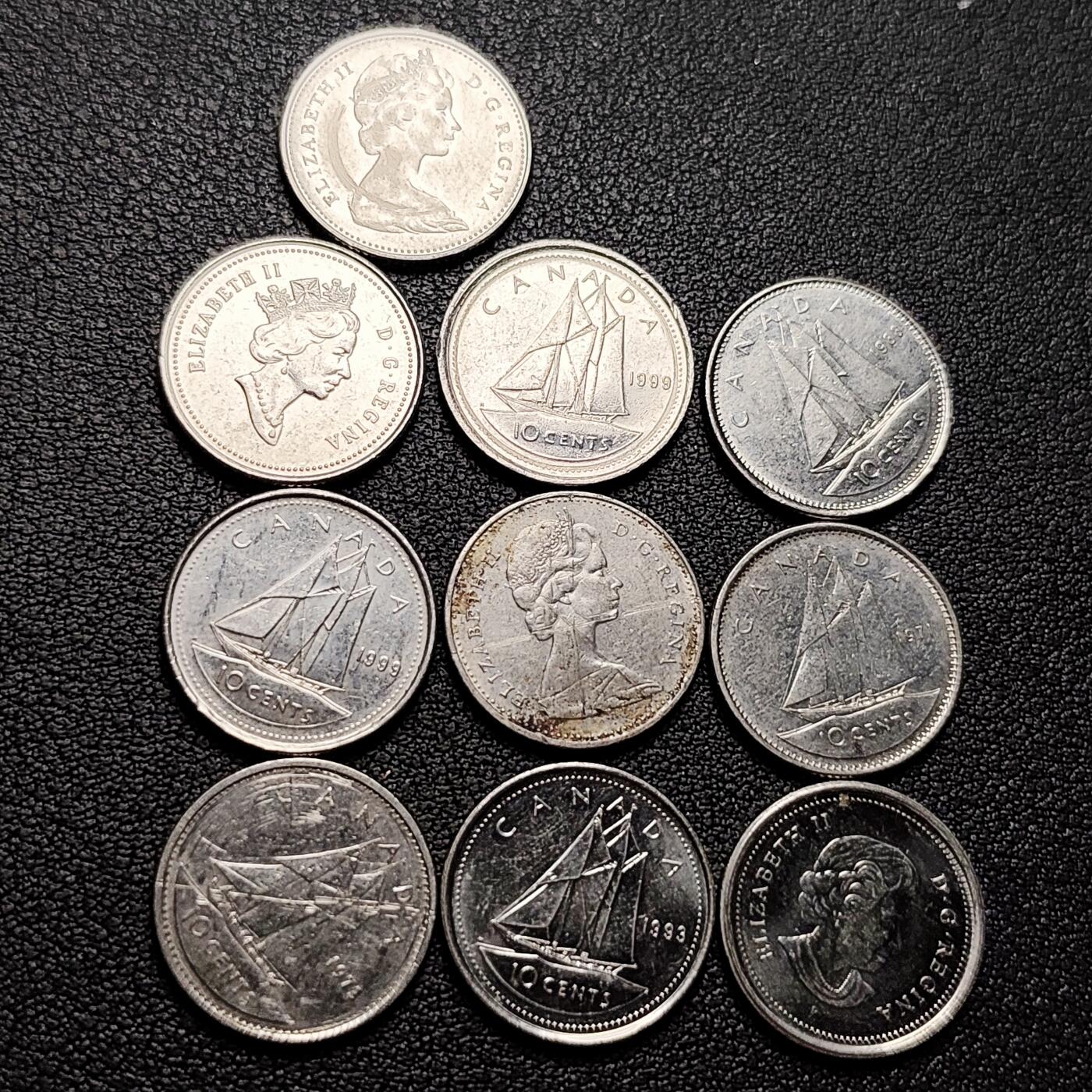 泉币菌-第226场-拍品多 请提前出价 10枚高币值一组 加拿大10分镍币 帆船 伊丽莎白二世 混合年份未挑