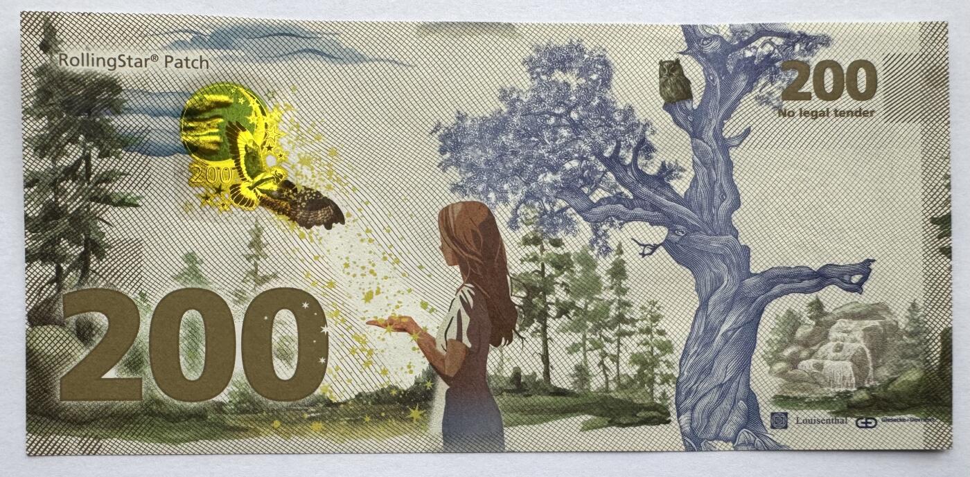 2026第7场（总第234期）：精品外钞、塑料钞、测试钞综合场  捷德G&D 格林兄弟“The star money～星际金钱”童话故事RollingStar patch贴片200面值测试钞UNC