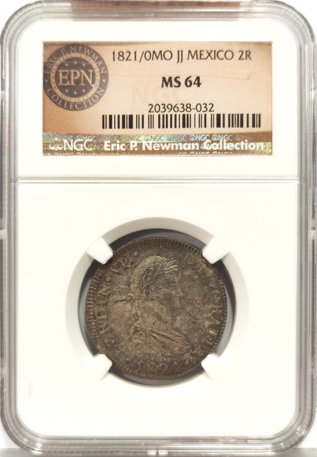 博洋堂世界钱币拍卖第168期（全场包邮） 纽曼旧藏！NGC MS64 西属墨西哥1821‌/0年MO JJ费七2R双柱，少见骑字版关门年份，币状态非常好，酱彩包浆