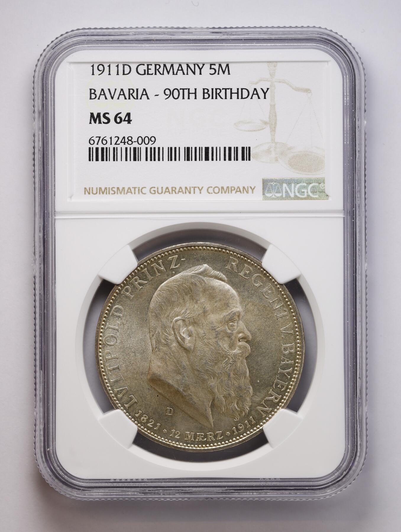观钱 近现代机制币拍卖No.008（全场顺丰包邮，不区分偏远地区）  NGC-MS64 德国1911年巴伐利亚利奥波德摄政王90大寿5马克大银币 经典的品种 pl底板 丝绸般的转光 足以收藏