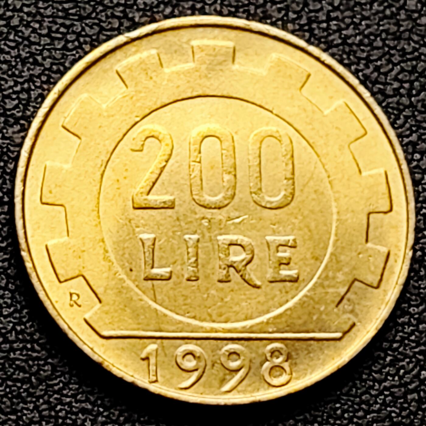 泉币菌-第226场-拍品多 请提前出价 原铜光极美 意大利1998年200里拉 丰收女神 齿轮 铝青铜币 外国硬币 24mm 