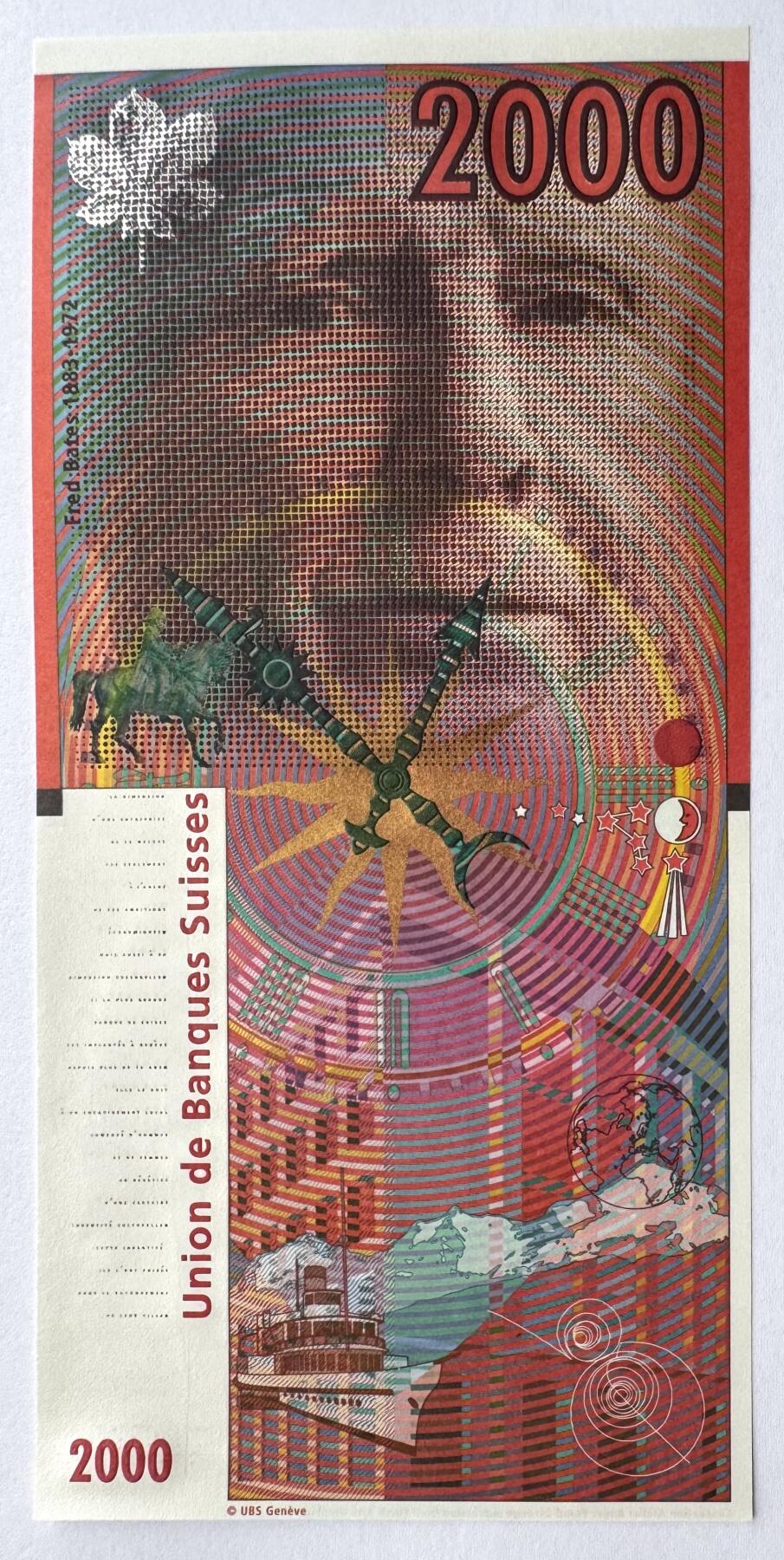 2026第7场（总第234期）：精品外钞、塑料钞、测试钞综合场  瑞士银行联盟 法国设计师“普杰”2000面额测试钞UNC