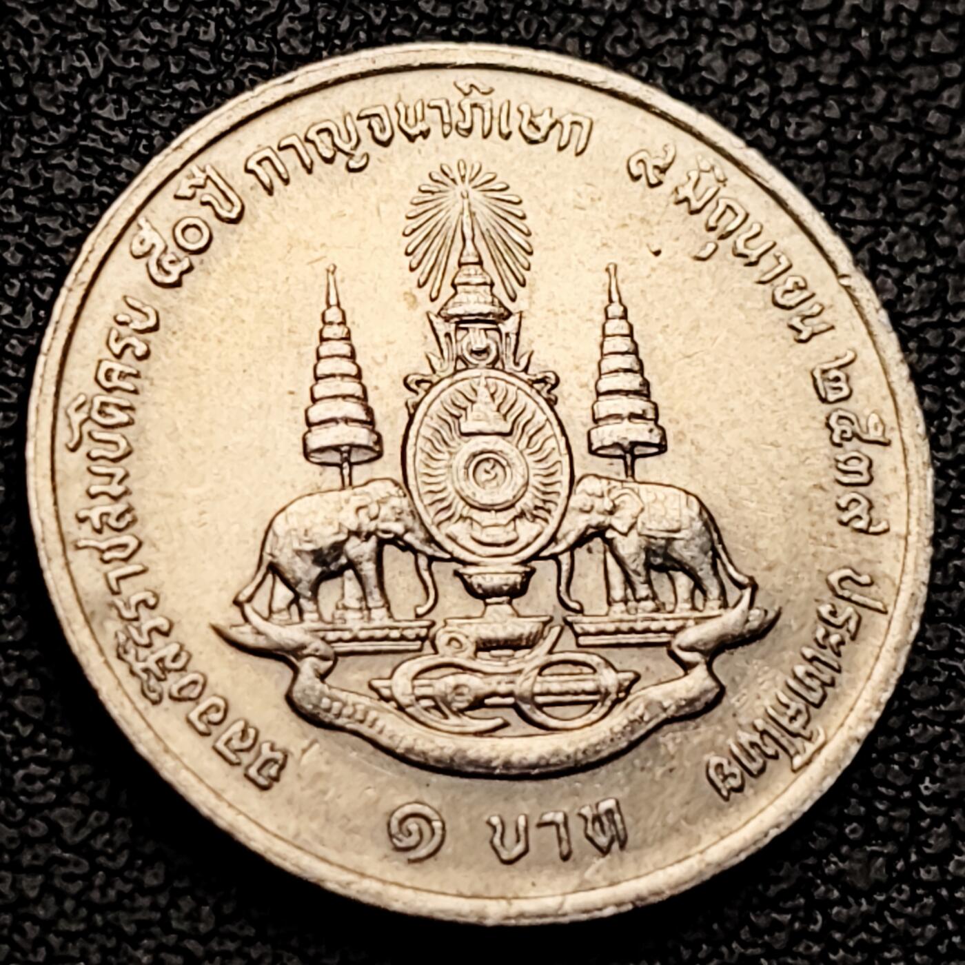 泉币菌-第227场-拍品多 请提前出价 泰王 拉玛九世登基50周年 1泰铢纪念币 双象