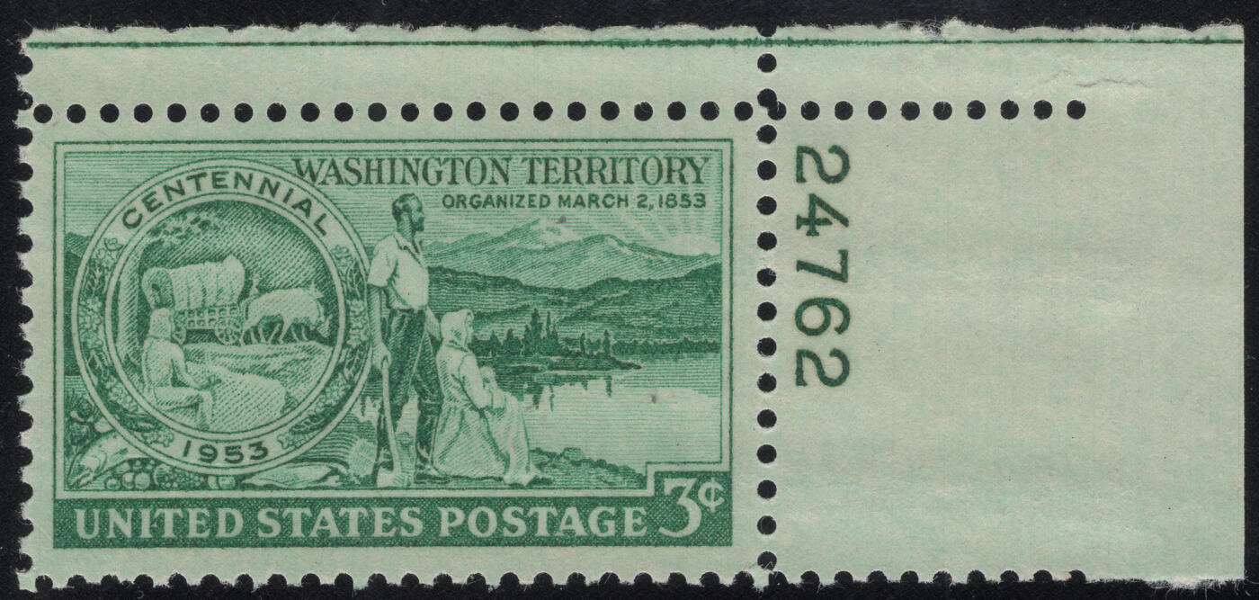 洪涛臻品批发群 精选邮票限时拍卖第1316期  1953 美国华盛顿州风光-开拓者 1全新 右上角边带版号！雕刻版原胶全品！