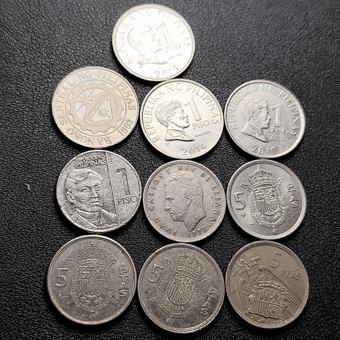 泉币菌-第226场-拍品多 请提前出价 10枚一组 5枚 菲律宾1比索镍币➕5枚西班牙1比萨塔镍币 卡洛斯一世 混合年份