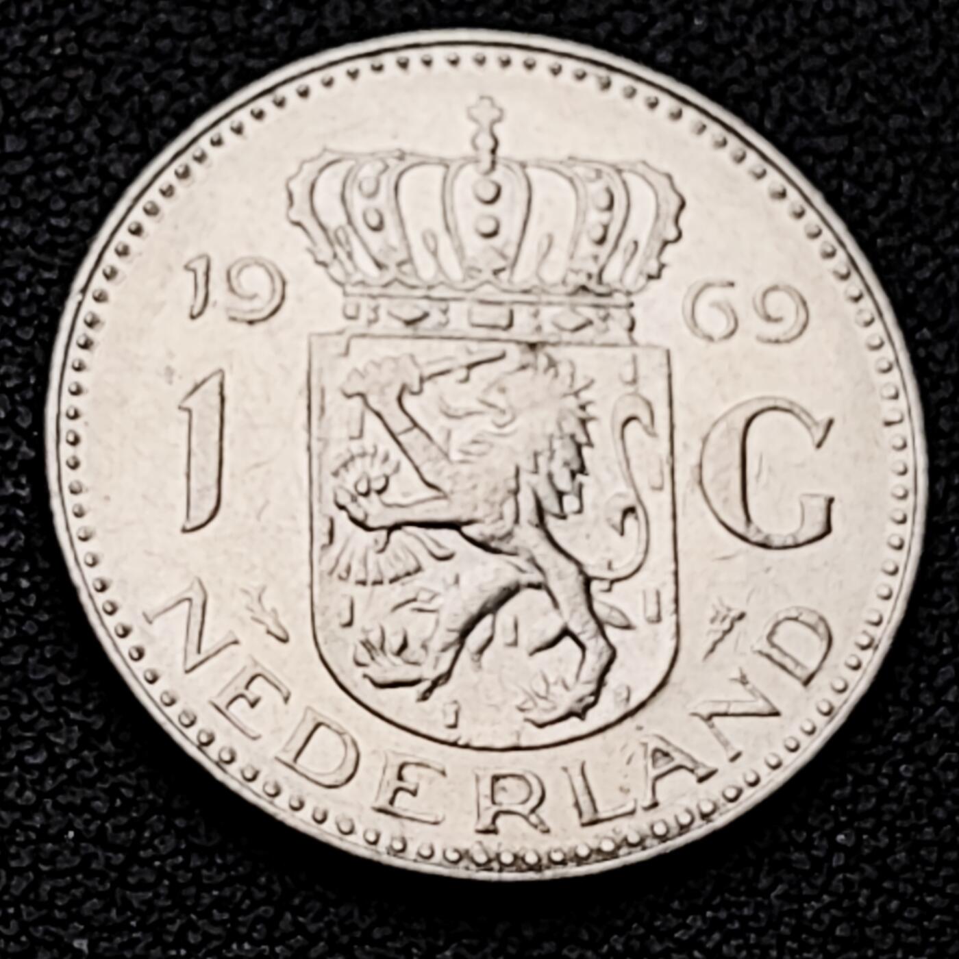 泉币菌-第226场-拍品多 请提前出价 1969年 荷兰王国早期1盾 朱莉安娜女王  镍币 硬币 25mm 