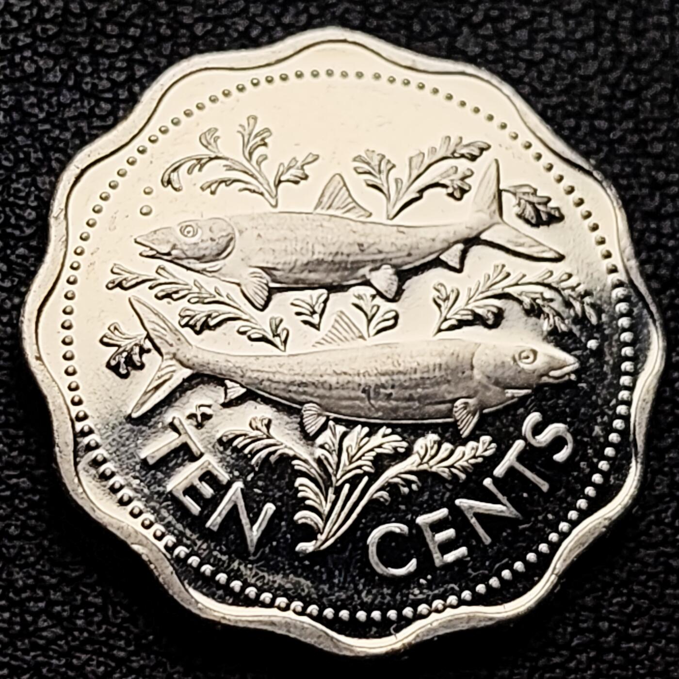 泉币菌-第227场-拍品多 请提前出价 精制币 双鱼 巴哈马10分銅镍花边币 1974年 23.5毫米 5.54克