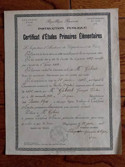 凯旋世界勋赏（第23期）（欢迎送拍）（对拍品有疑问请询问客服，不接受到手刀，出价默认拍品品相。请认真阅读拍卖规则！出价默认已认可！）（收到货请录制开箱视频，无视频概不处理问题。） - 1926年法国瓦尔省公立初等教育结业证书