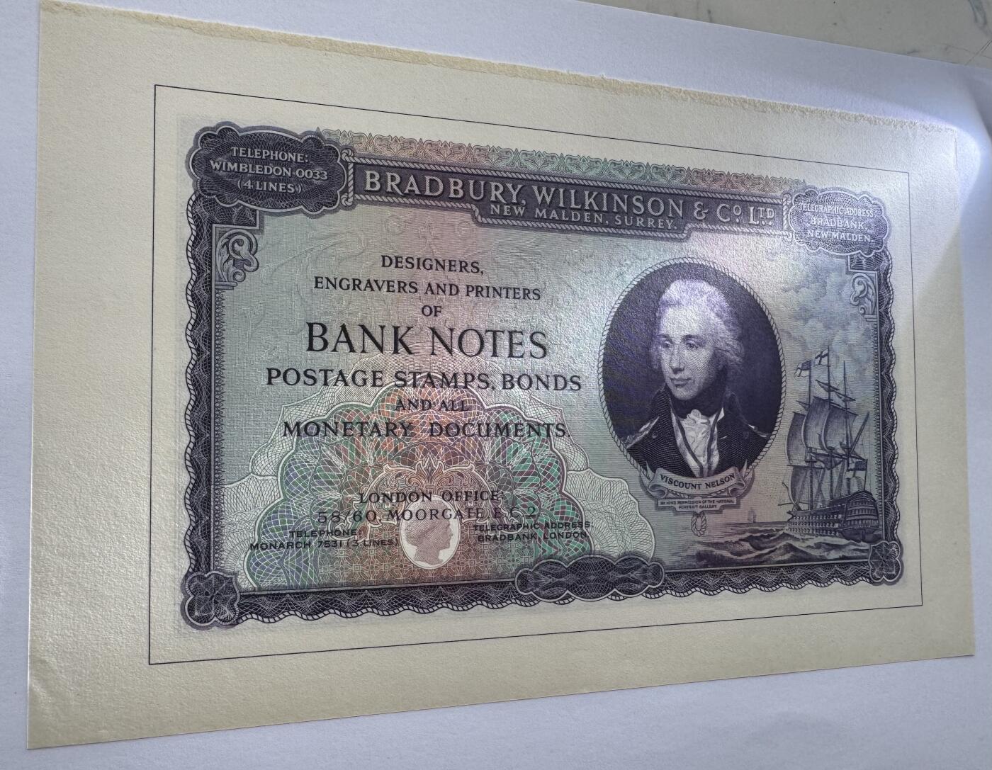 2026第7场（总第234期）：精品外钞、塑料钞、测试钞综合场  罕见 布拉德伯里威尔金森 早期大尺寸“海军上将—纳尔逊”测试钞UNC