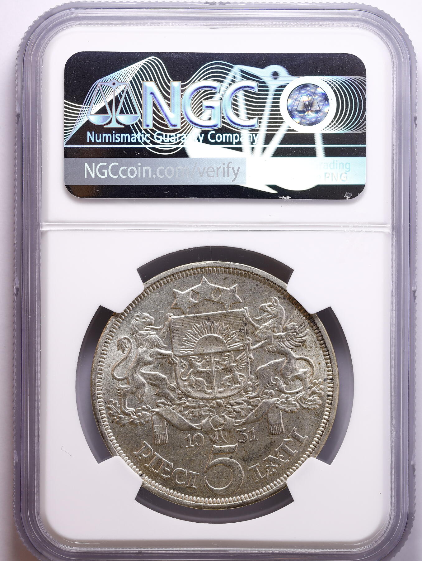 观钱 近现代机制币拍卖No.008（全场顺丰包邮，不区分偏远地区）  1931 年拉脱维亚共和国 民族少女 5 拉特（5L）银币 NGC MS62 波罗的海三国钱币收藏的热门品种
