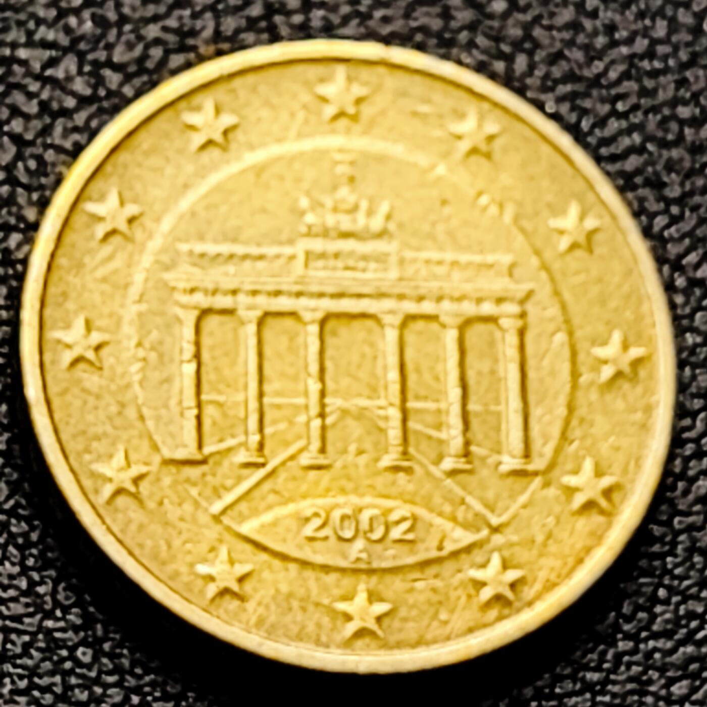 泉币菌-第226场-拍品多 请提前出价 欧元 德国2002年 10欧分合金铜币 勃兰登堡门 地图 A厂标 19.75MM