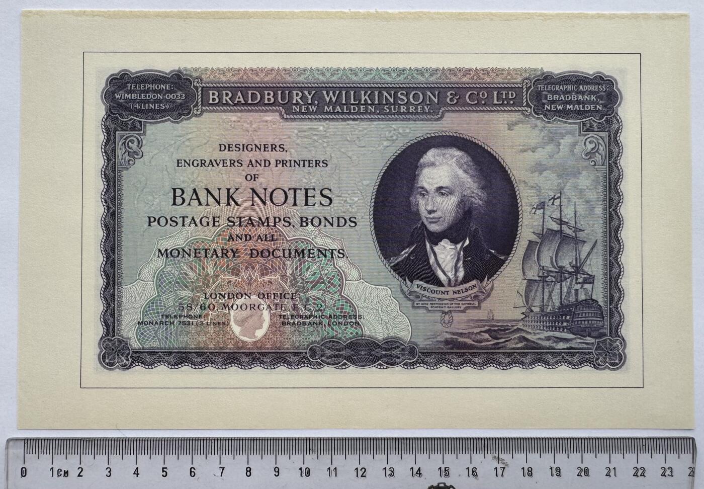 2026第7场（总第234期）：精品外钞、塑料钞、测试钞综合场  罕见 布拉德伯里威尔金森 早期大尺寸“海军上将—纳尔逊”测试钞UNC