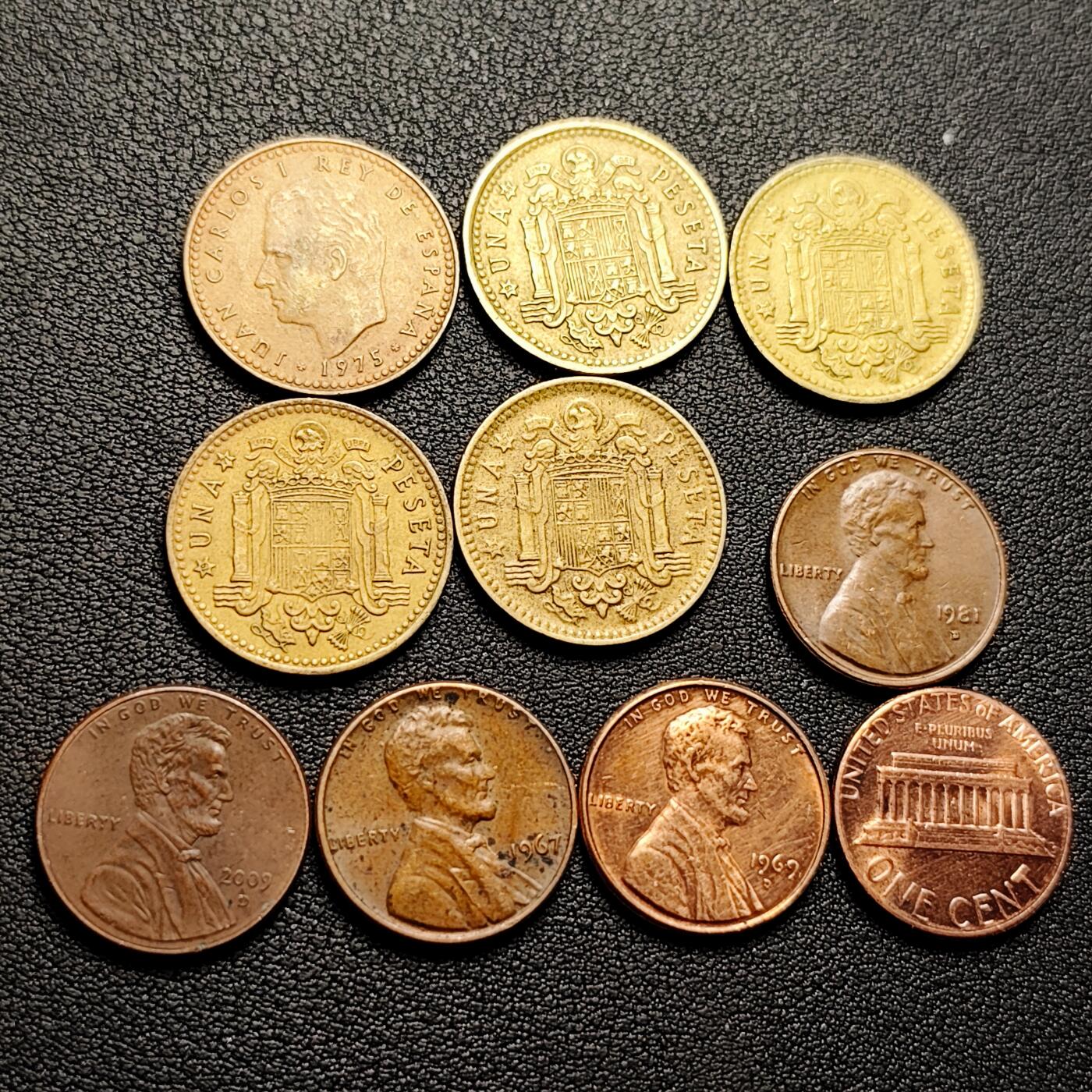 泉币菌-第226场-拍品多 请提前出价 10枚一组 5枚西班牙1比萨塔铜币 ➕5枚 美国林肯铜币 林肯纪念堂