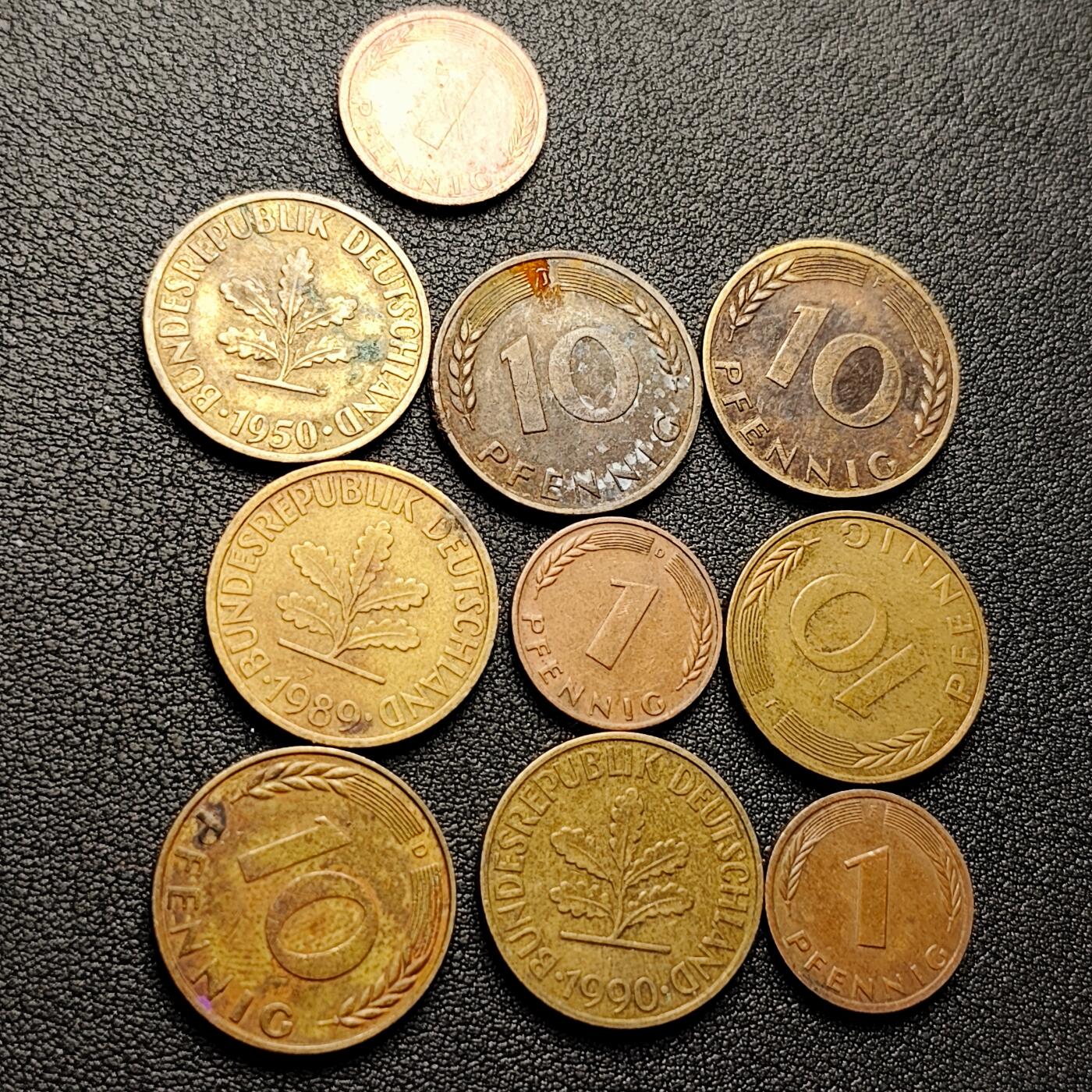 泉币菌-第226场-拍品多 请提前出价 10枚一组 联邦德国 多面值芬尼硬币 橡树麦穗银行版 混合年份