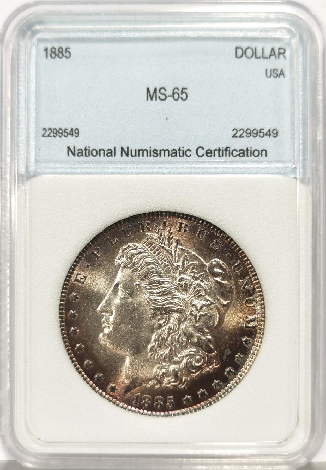 博洋堂世界钱币拍卖第168期（全场包邮） NNC MS65 美国1885年摩根银币，双面车轮转光，正面还带有香槟色包浆，底板细腻干净