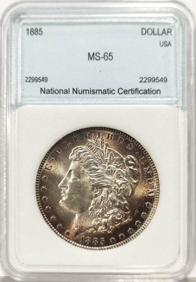 博洋堂世界钱币拍卖第168期（全场包邮） - NNC MS65 美国1885年摩根银币，双面车轮转光，正面还带有香槟色包浆，底板细腻干净