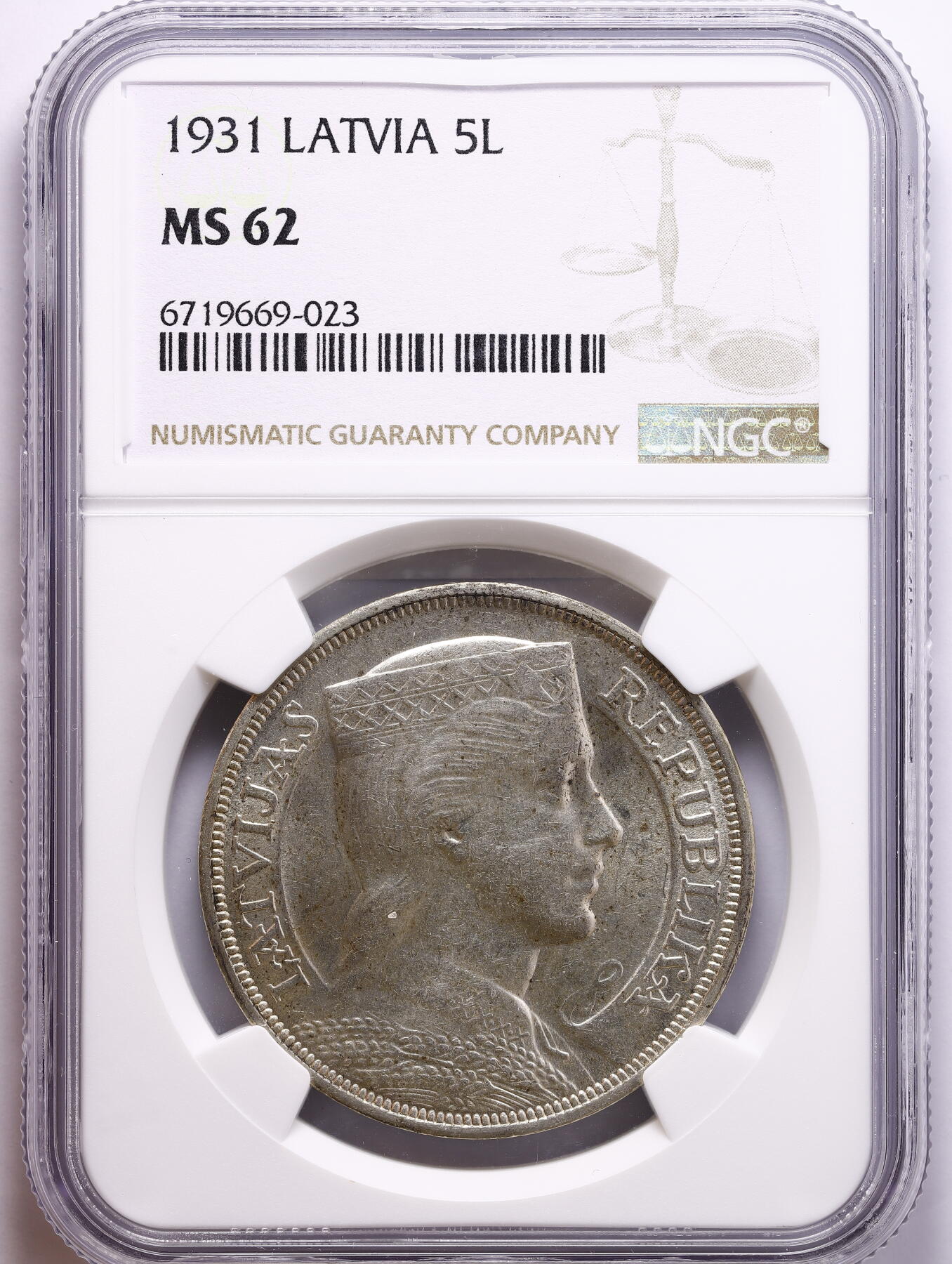 观钱 近现代机制币拍卖No.008（全场顺丰包邮，不区分偏远地区）  1931 年拉脱维亚共和国 民族少女 5 拉特（5L）银币 NGC MS62 波罗的海三国钱币收藏的热门品种