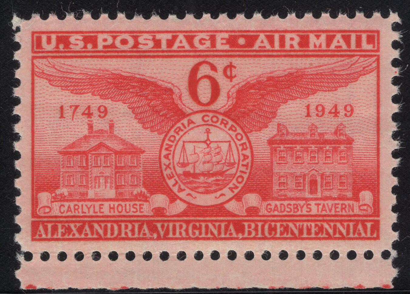 洪涛臻品批发群 精选邮票限时拍卖第1316期  1949美国航空邮票 亚历山德里亚建市200年 1全新带下边 雕刻版原胶全品！