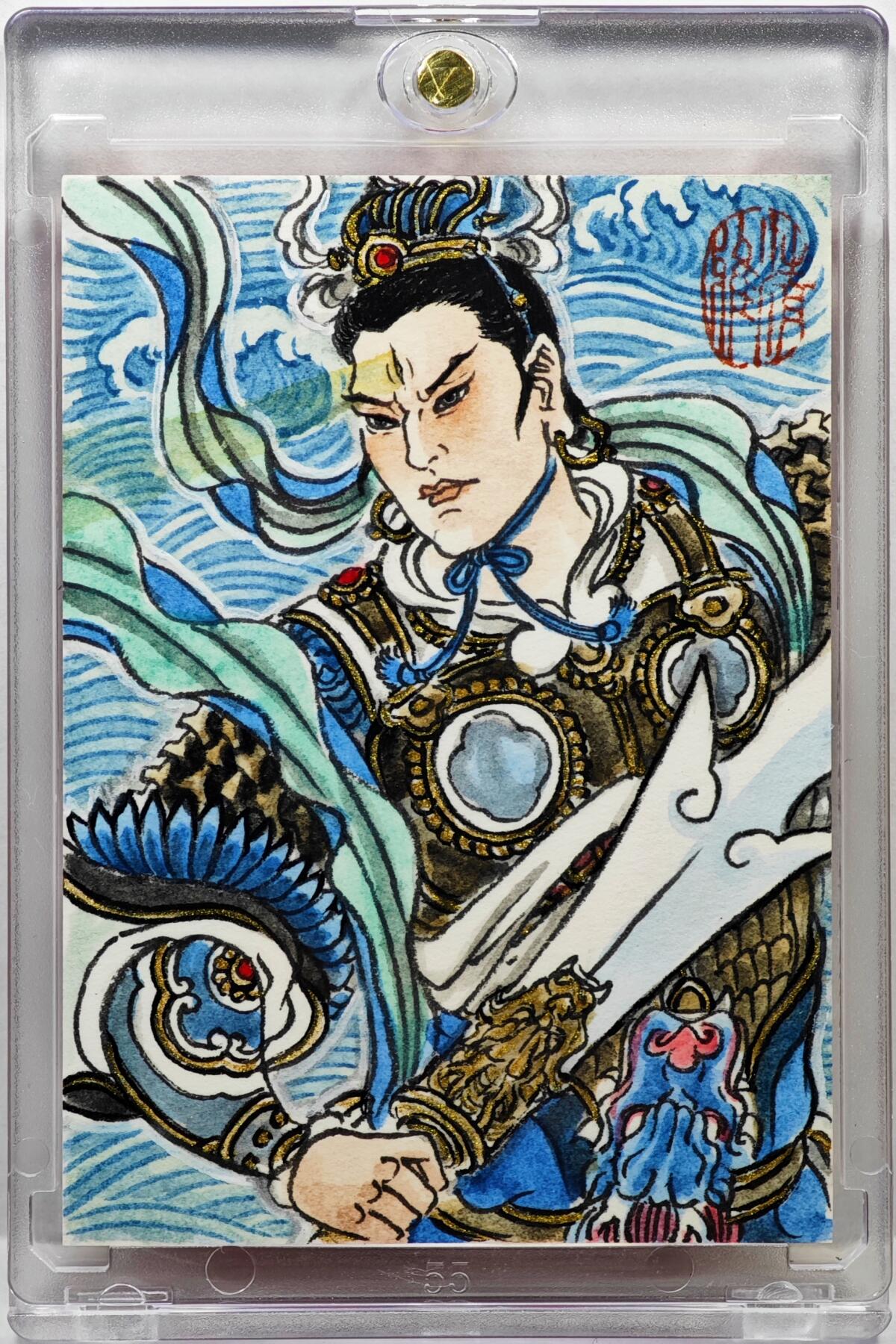 白泽拍卖卡牌手绘专场第35期（问东城春色，正谷雨，牡丹期） 2026 卢艺丰手绘卡 二郎神   卢艺丰背彩绘 卡砖封装