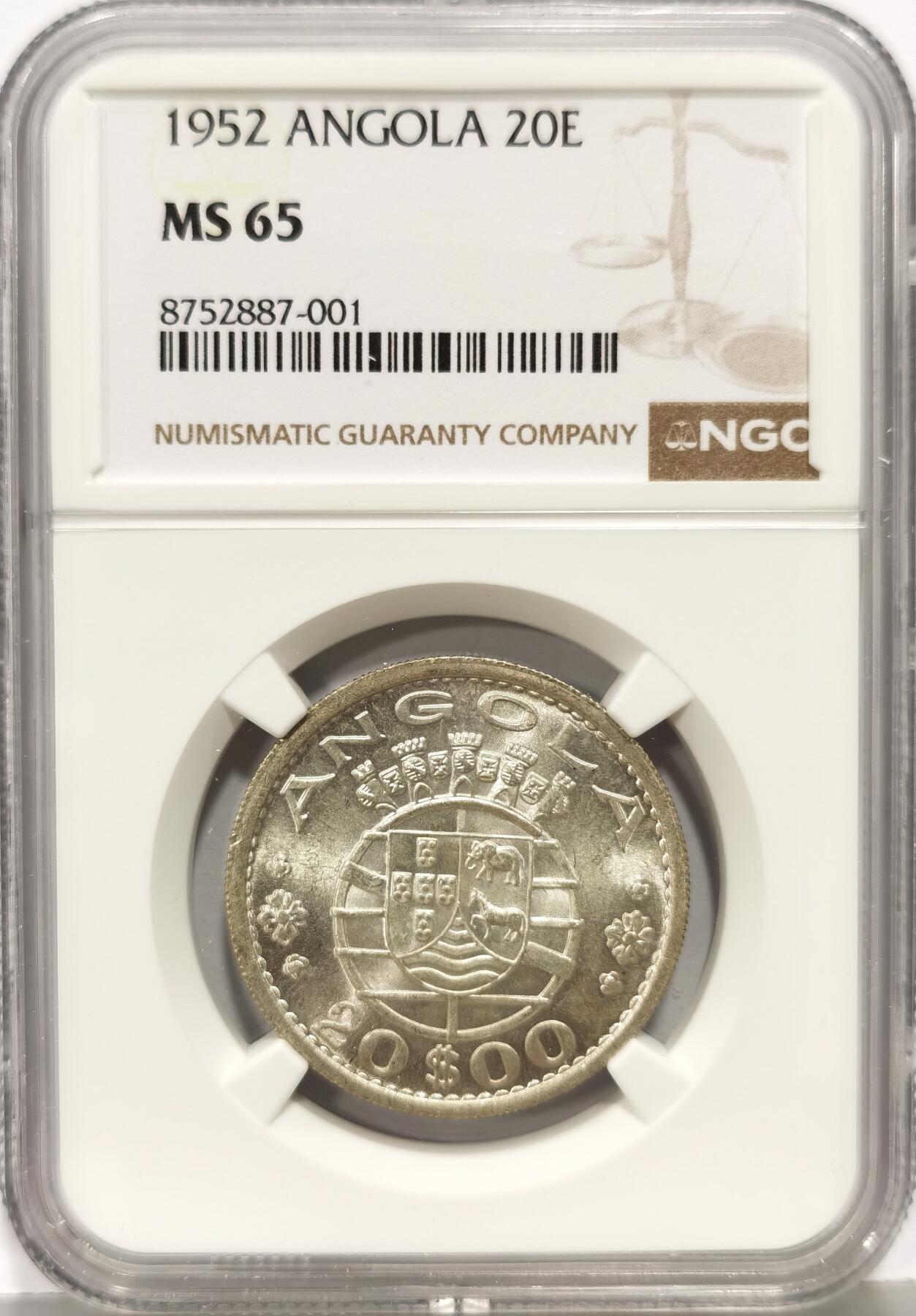 博洋堂世界钱币拍卖第168期（全场包邮） NGC MS65 葡属安哥拉1952年20埃斯库多银币，原光好品，殖民地品种有潜力，一步到位的好品相。