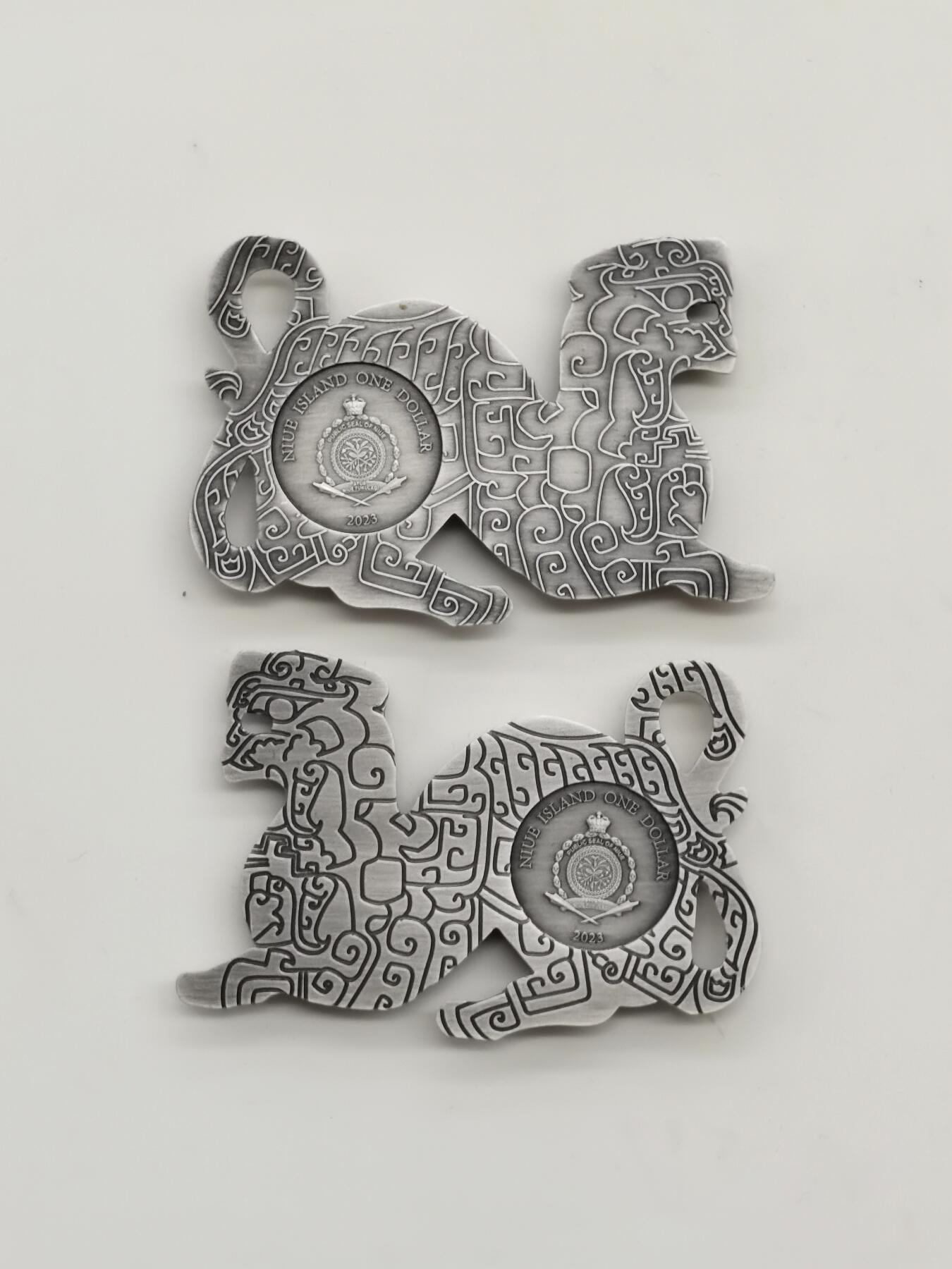 博洋堂世界钱币拍卖第168期（全场包邮） 纽埃2003年1元2枚阴阳和合局部错金仿古异形银币套 中国虎符系列-大印虎符 2X1盎司999银 发行量：199套 盒证全