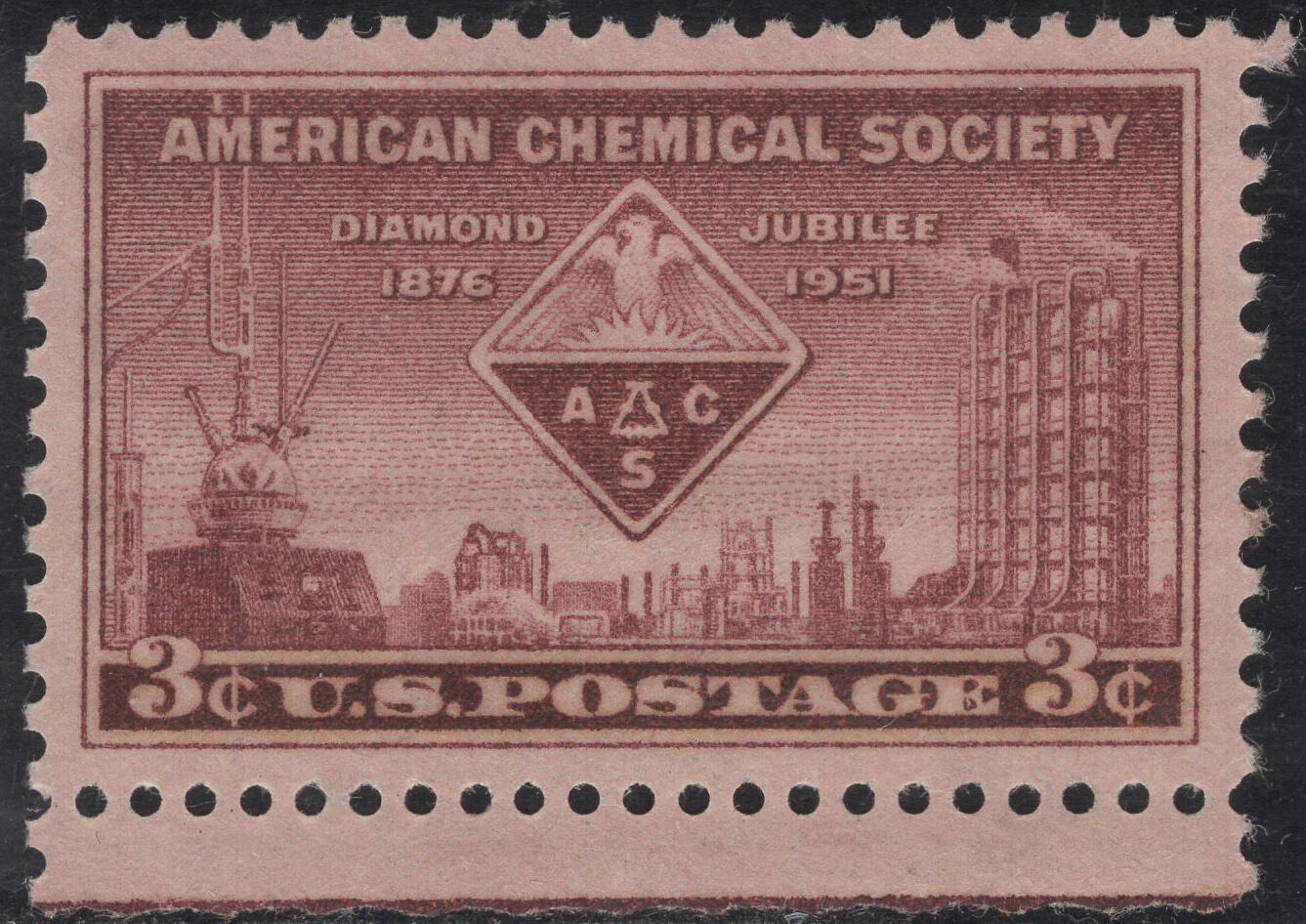 洪涛臻品批发群 精选邮票限时拍卖第1316期  1951美国化学协会75周年-化工厂建筑 雕版1全套带边 原胶全品！