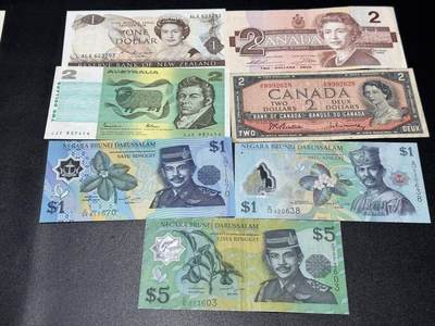 《外钞收藏家》第六百二十七期（精选场）（长期征集拍品、欢迎藏友们联系合作） - 新西兰、澳大利亚、加拿大、文莱 7张一起 非全新 品相如图