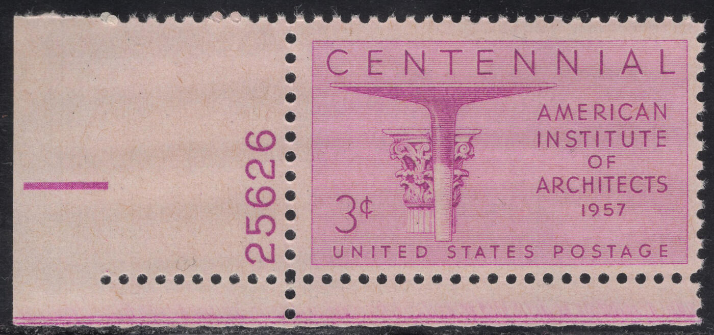 洪涛臻品批发群 精选邮票限时拍卖第1316期  1957美国建筑师学会成立百年-柱头 1全套 左下角边厂铭色标 雕版原胶全品！