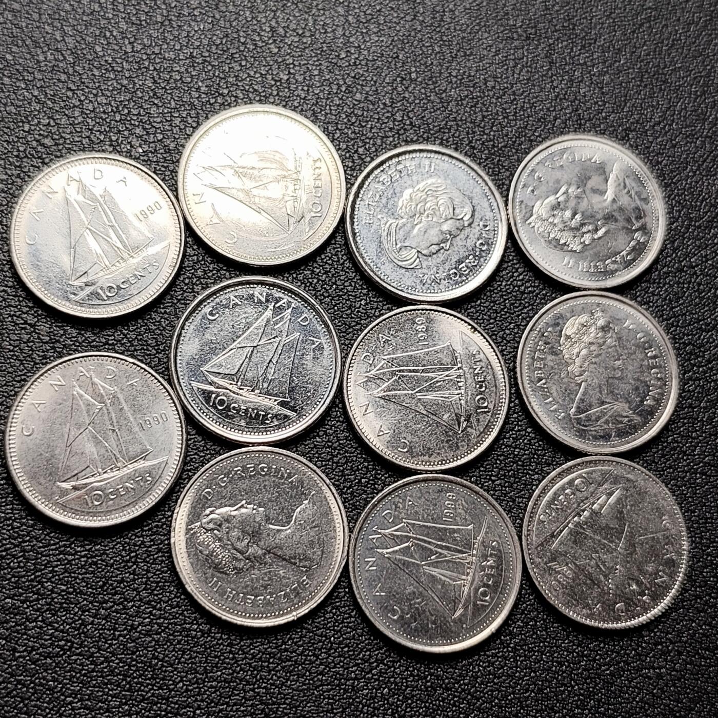 泉币菌-第226场-拍品多 请提前出价 11枚高币值一组 加拿大10分镍币 帆船 伊丽莎白二世 混合年份未挑