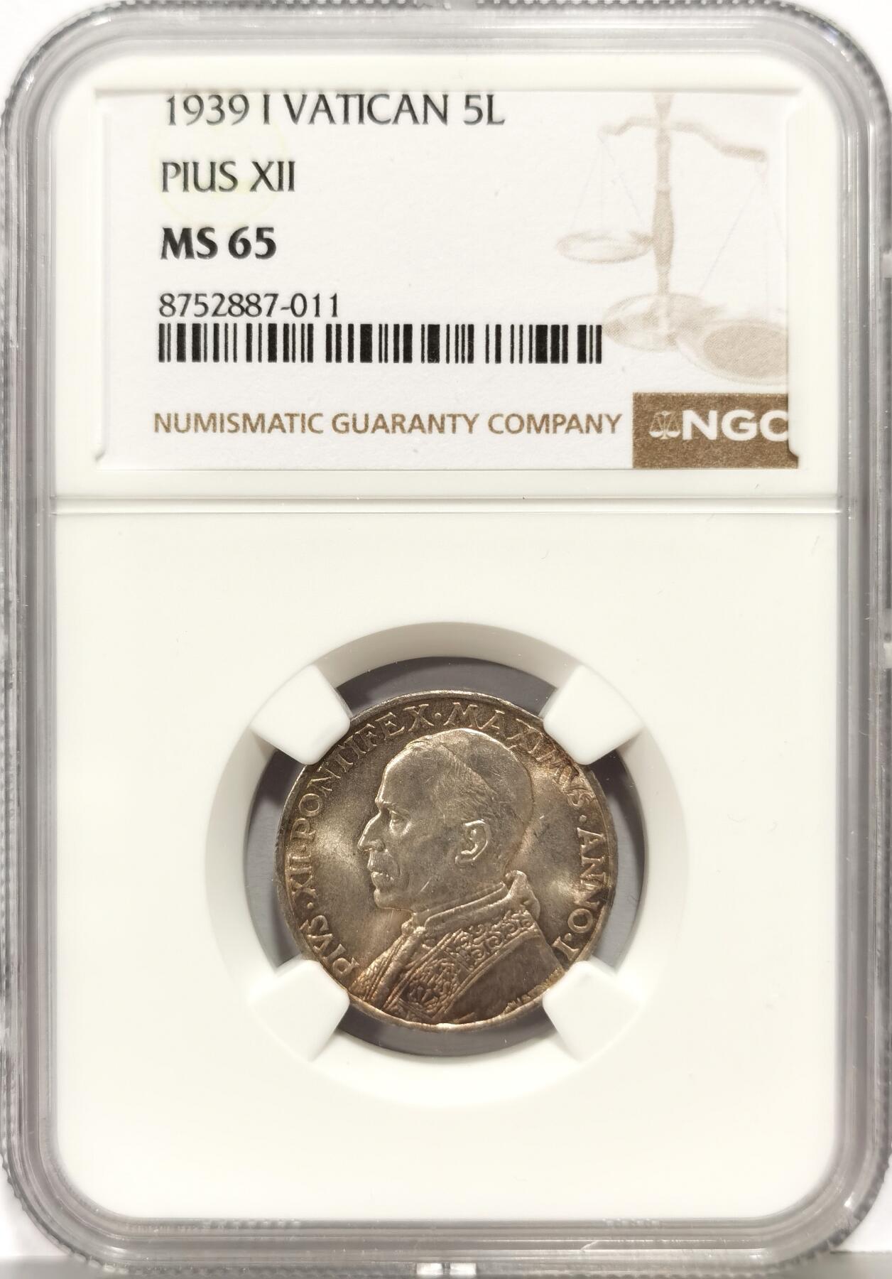 博洋堂世界钱币拍卖第168期（全场包邮） NGC MS65 梵蒂冈1939年5里拉银币，极美五彩转光，无可挑剔的品相，一步到位。