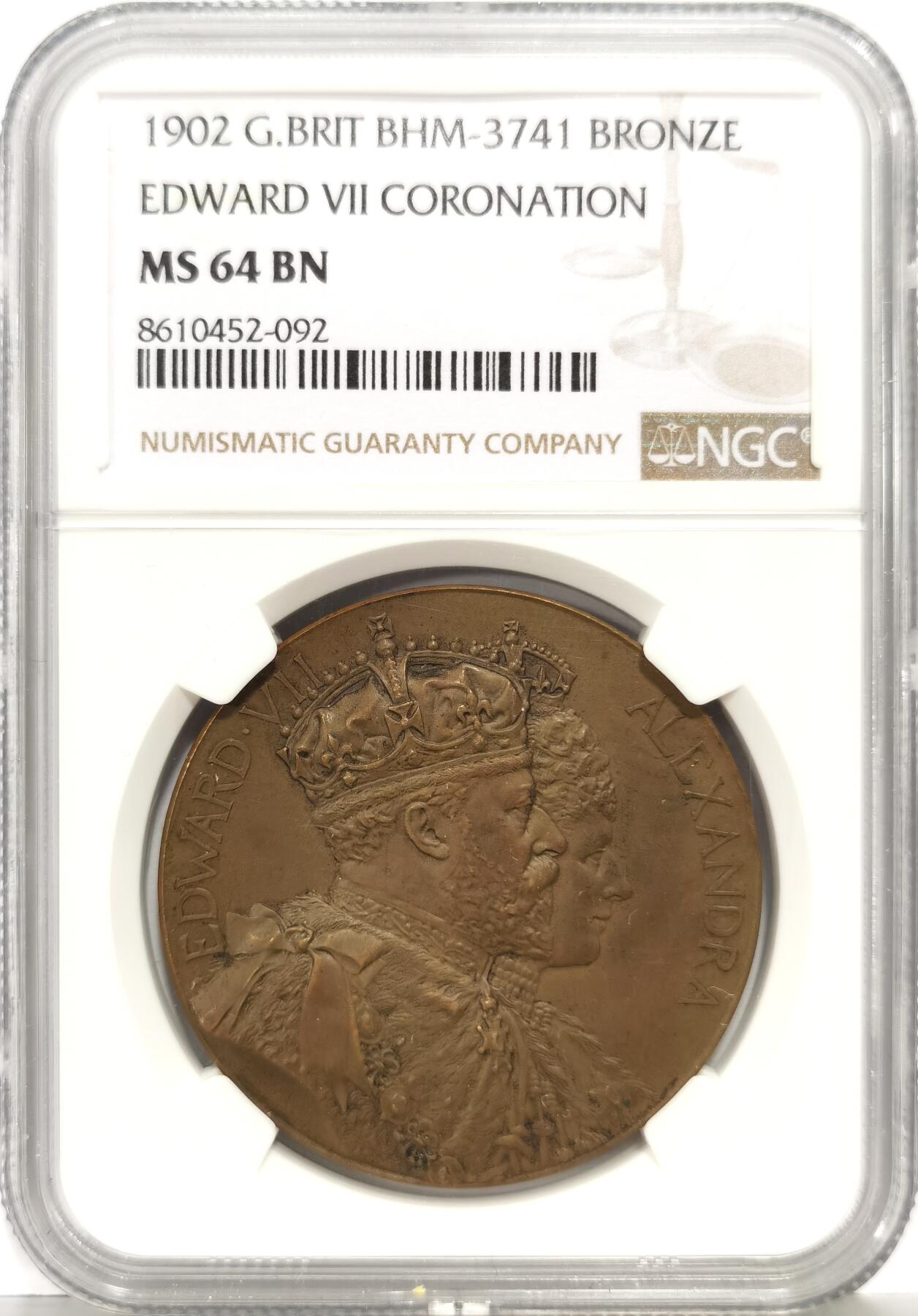 博洋堂世界钱币拍卖第168期（全场包邮） NGC MS64BN 英国1902年爱德华七世登基纪念大铜章，超级高浮雕，新现实主义艺术风格拉满
