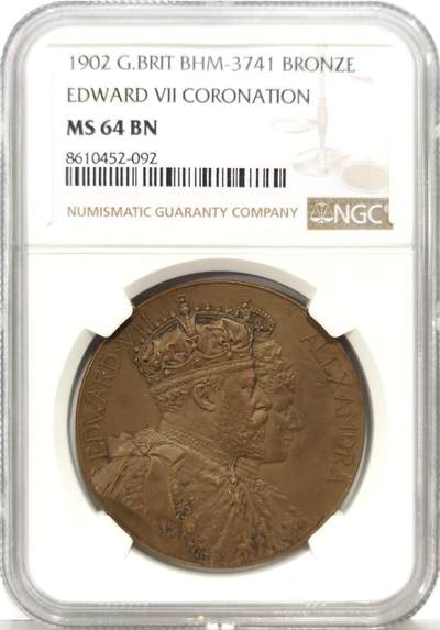 博洋堂世界钱币拍卖第168期（全场包邮） - NGC MS64BN 英国1902年爱德华七世登基纪念大铜章，超级高浮雕，新现实主义艺术风格拉满