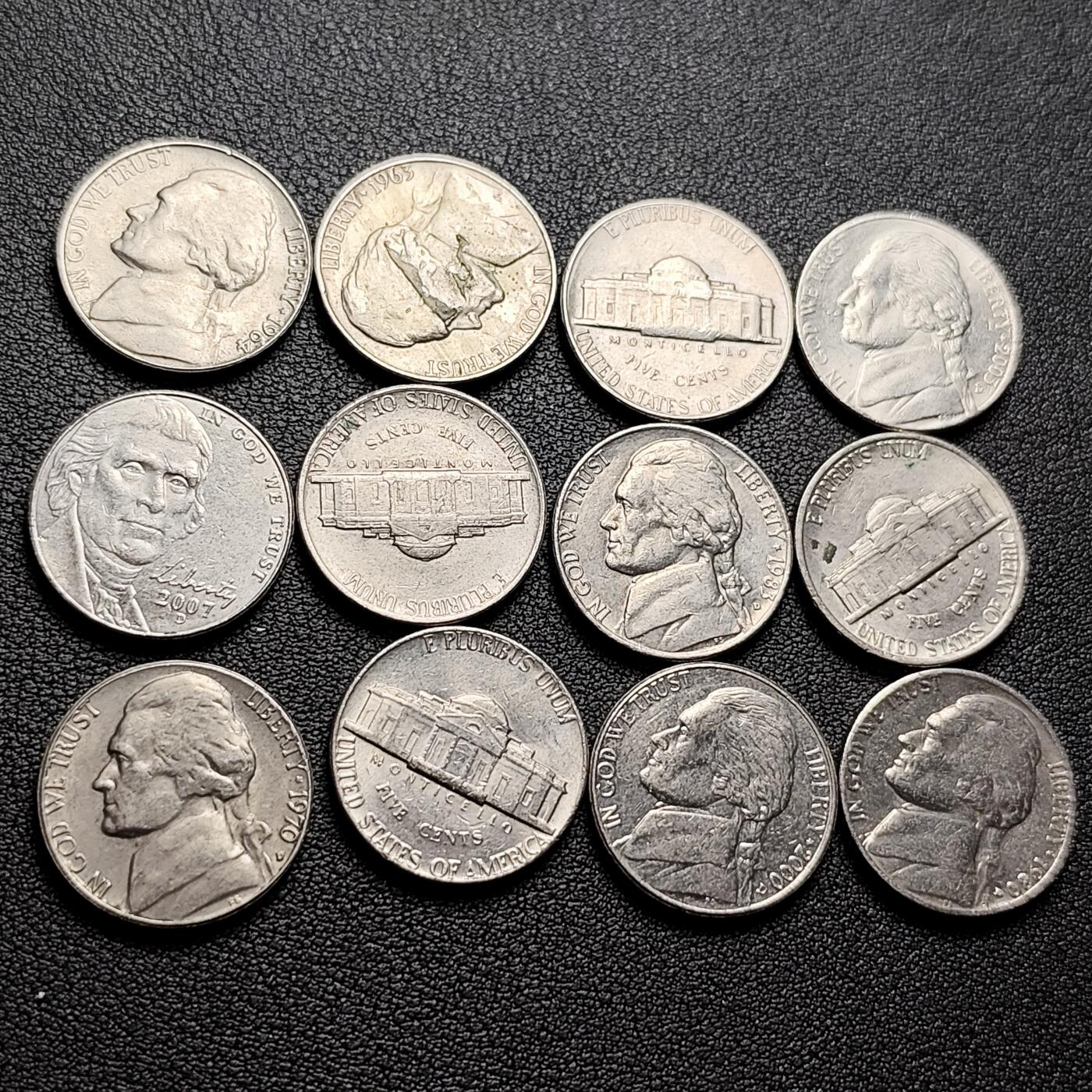 泉币菌-第226场-拍品多 请提前出价 12枚一组 美国杰斐逊纪念币 混合年份