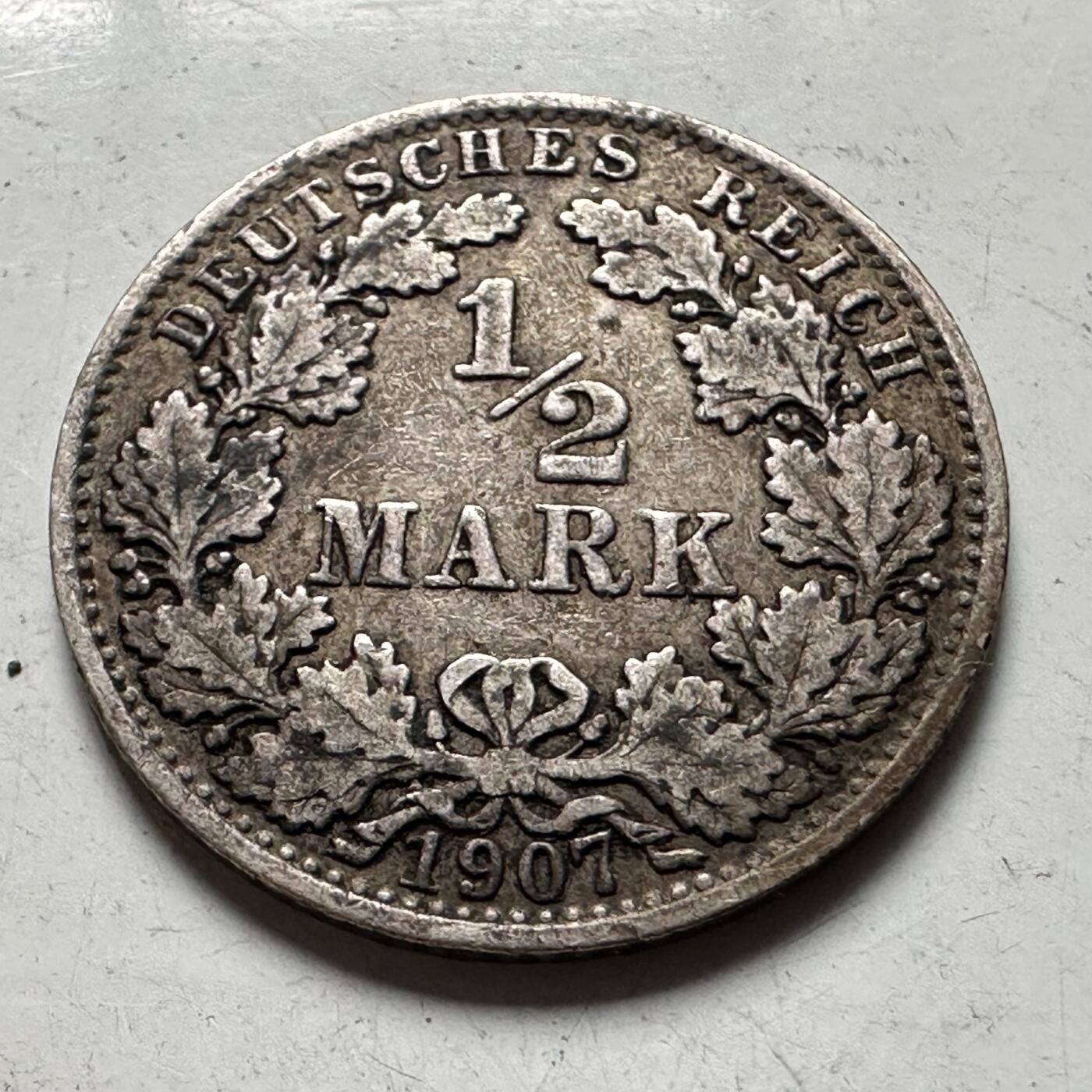 🌹外币初藏🌹🐯2026年第43场   每周二四六晚8️⃣点  世界硬币 德国 1907年 威廉二世 1/2马克银币 2.778克-20毫米-90%银