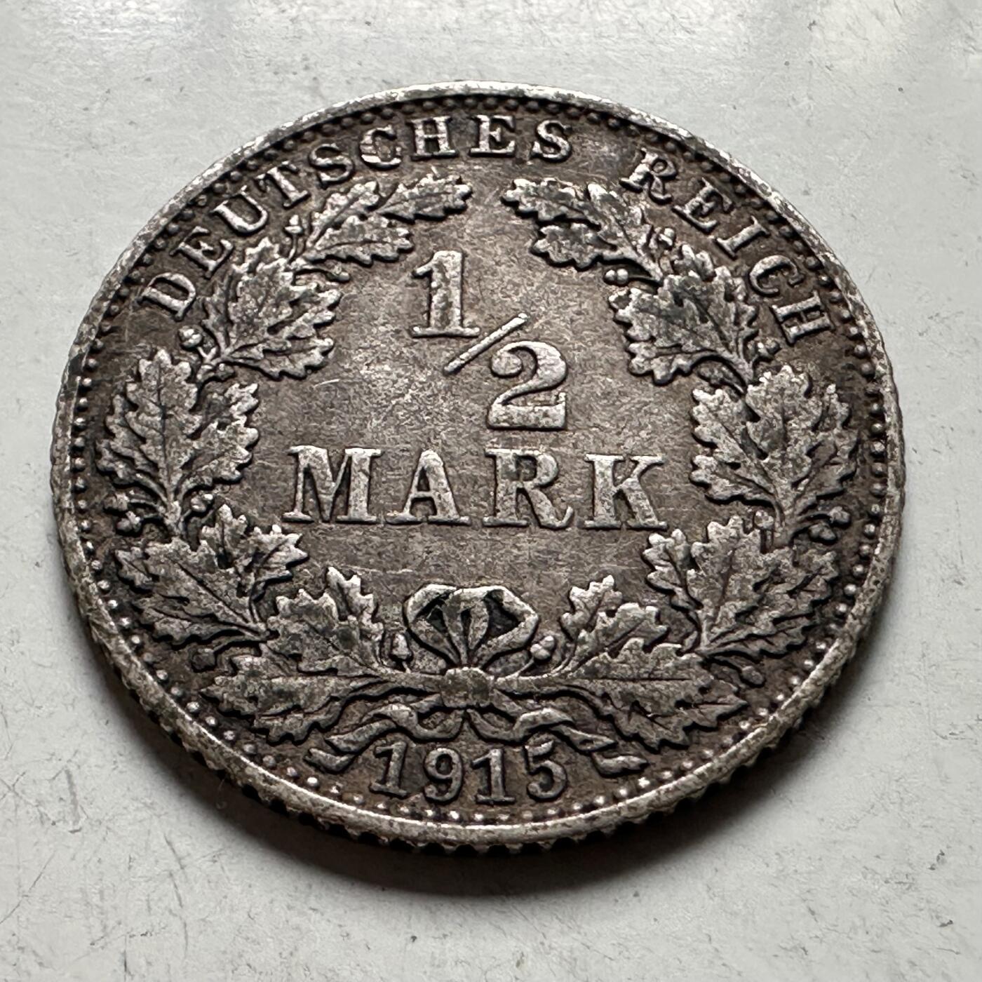 🌹外币初藏🌹🐯2026年第43场   每周二四六晚8️⃣点  世界硬币 德国 1915年 威廉二世 1/2马克银币 2.778克-20毫米-90%银